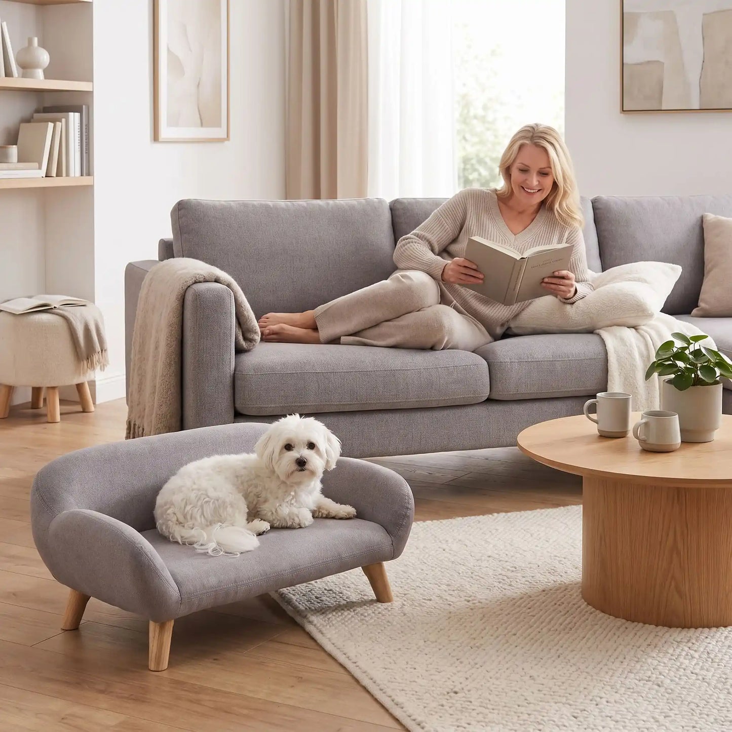 Petit-canape-pour-chien-chiot-design de couleur gris, dossier et accoudoirs arrondis dans un style scandinave, tissu résistant aux griffes, rembourrage 100% coton haute densité pour un confort optimal, structure en bois massif et surélevé avec 4 pieds en bois massif pour chiot et chien de 0 à 8 kilos-un chien de petite race couché confortablement sur son canapé gris design sur pied en bois massif et rembourrage en éponge coton ergonomique au pied de sa maitresse assise sur son propre canapé dans le salon 