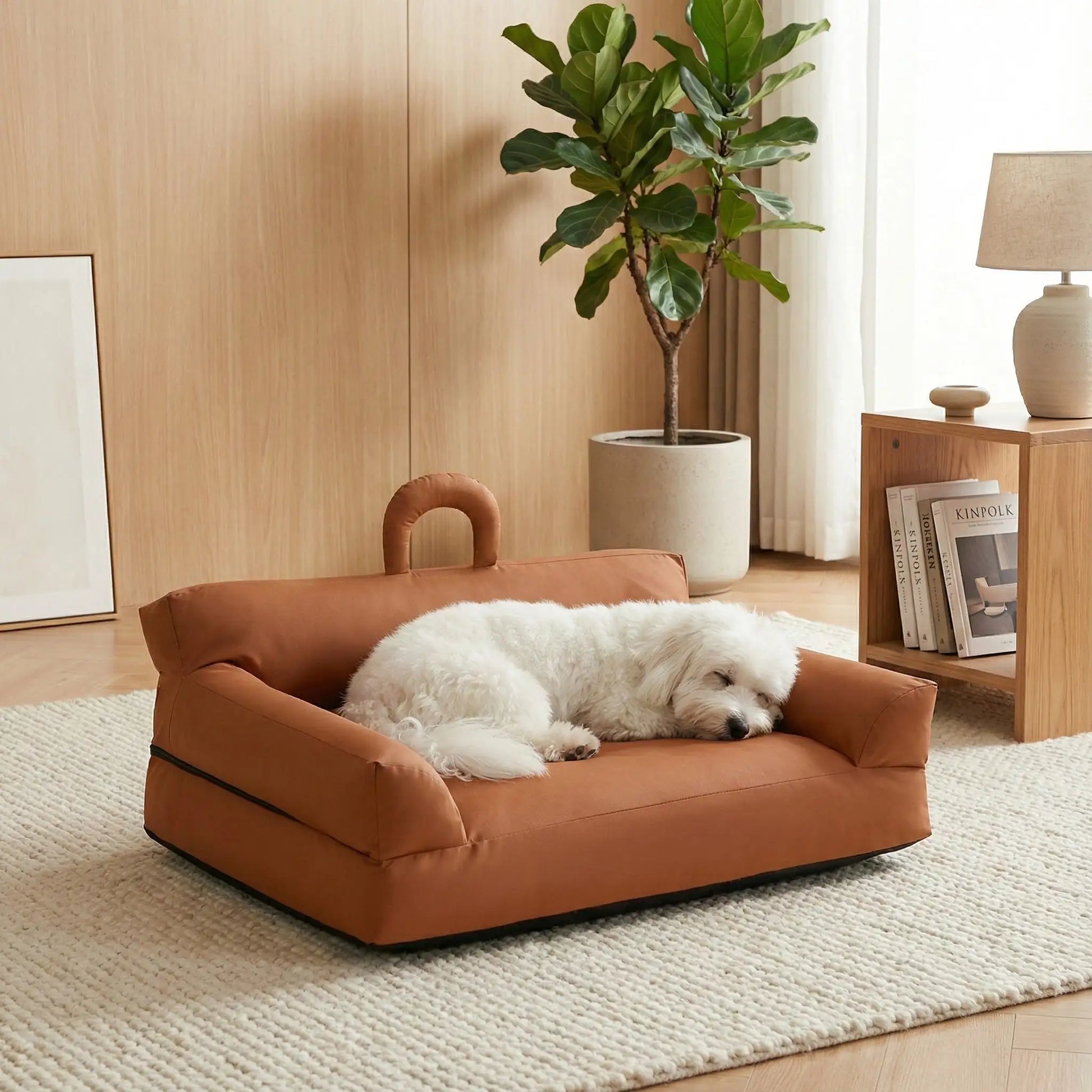 Petit-canapé-pour-chien-chiot-imperméable, déhoussable lavable en machine, en Cuir végan et rembourrage 100% coton haute densité et résilience, avec accoudoirs, dossier et assise ergonomique, avec poignée de transport, antidérapant et anti humidité, durable solide et résistant aux griffes pour chiot, petit chien et race naine de 0 à 10 kilos- un Westie qui dort paisiblement blotti dans son mini canapé marron dans le salon de l'appartement