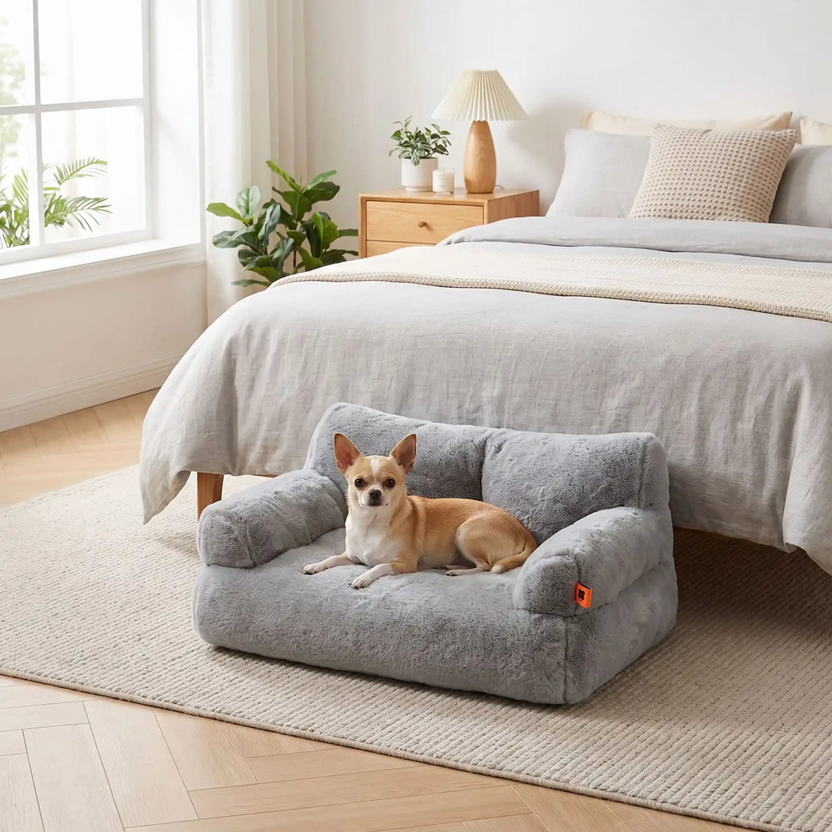 Petit-canapé-pour-chien-chiot-déhoussable en peluche lavable en machine, antidérapante et imperméable de couleur gris, rembourrage 100% coton haute densité ergonomique avec dossier et accoudoirs enveloppant pour chiot et chien de petite race de 0 à 7 kilos max-un chien de race naine couché confortablement dans son petit canapé gris foncé épais et rembourré 100% coton haute résilience ergonomique au pied du lit de ses maitres dans la chambre de l'appartement