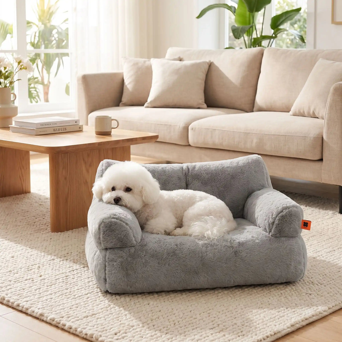 Petit-canapé-pour-chien-chiot-déhoussable en peluche lavable en machine, antidérapante et imperméable de couleur gris, rembourrage 100% coton haute densité ergonomique avec dossier et accoudoirs enveloppant pour chiot et chien de petite race de 0 à 7 kilos max-un chien de petite taille couché confortablement dans son petit canapé gris foncé épais et rembourré 100% coton haute résilience ergonomique dans le salon de la maison