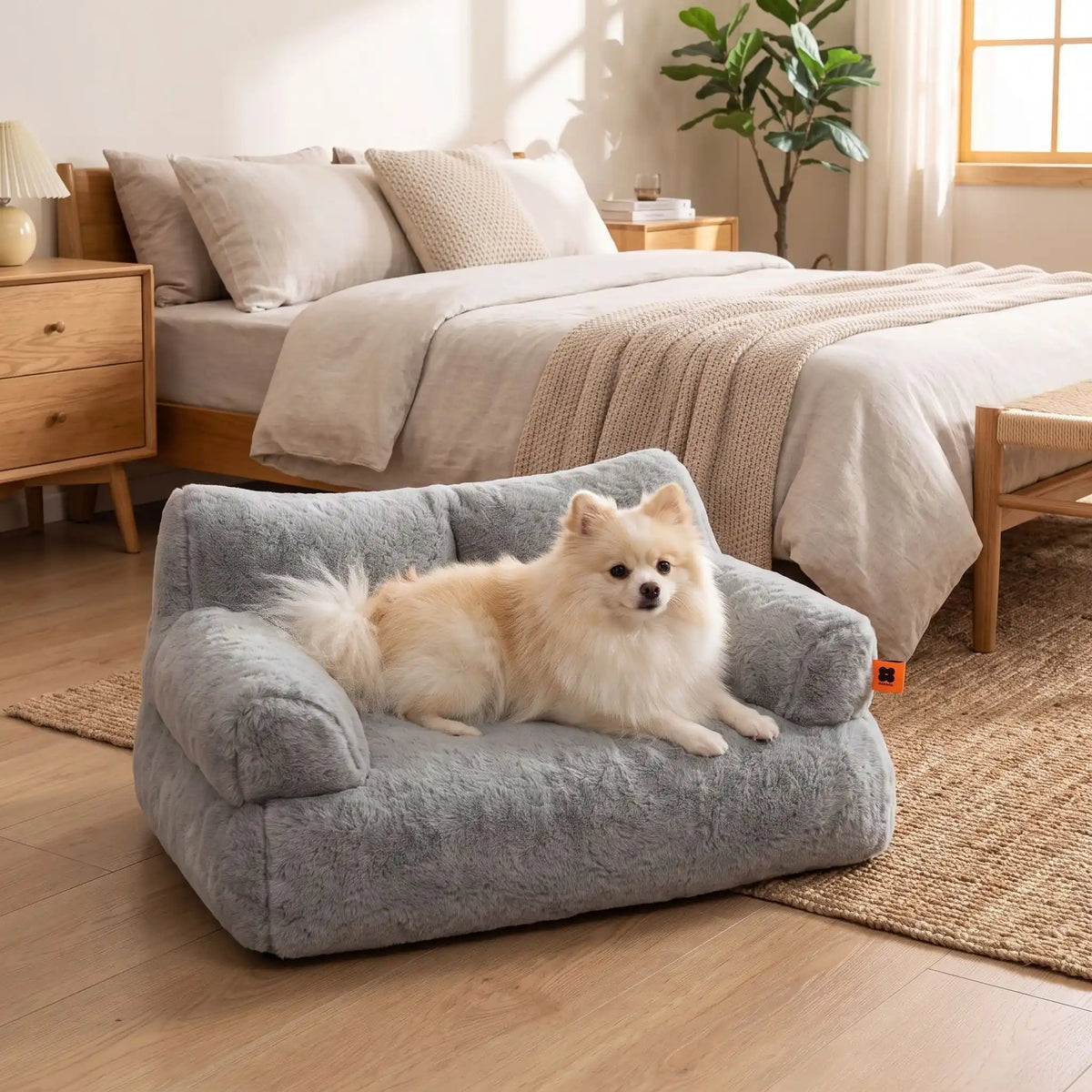 Petit-canapé-pour-chien-chiot-déhoussable en peluche lavable en machine, antidérapante et imperméable de couleur gris, rembourrage 100% coton haute densité ergonomique avec dossier et accoudoirs enveloppant pour chiot et chien de petite race de 0 à 7 kilos max-un chien de petite race couché confortablement dans son petit canapé gris foncé épais et rembourré 100% coton haute résilience ergonomique dans la chambre de la maison
