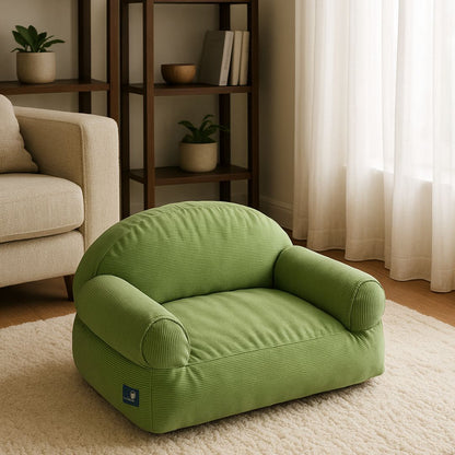 Petit-canapé-pour-chien-vert-déhoussable et lavable en machine-100% coton haute densité ergonomique-housse résistante aux griffes-antidérapant-avec dossier et 2 accoudoirs-écoresponsable-matériau 100% naturel, hypoallergénique et respirant-pour petit chien et chiot jusqu'à 7 kg-dimensions 60x45 cm