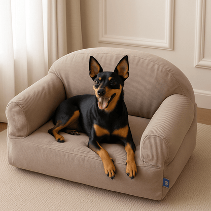 Petit-canapé-pour-chien-déhoussable et lavable en machine-100% coton haute densité ergonomique-housse résistante aux griffes-antidérapant-avec dossier et 2 accoudoirs-écoresponsable-matériau 100% naturel, hypoallergénique et respirant-pour petit chien et chiot jusqu'à 7 kg-un chien de race naine couché paisiblement dans son canapé gris dans la chambre de la maison