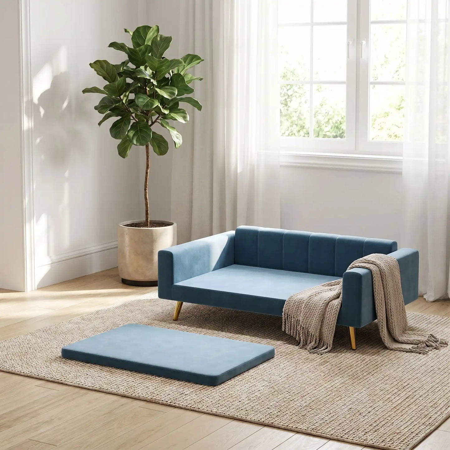 Petit-canapé-pour-chien-chiot-design scandinave chic en velours sur 4 pieds inoxydable de couleur doré avec patin antidérapants et anti rayures , dossier et accoudoirs rembourrés 100% coton haute densité et coussin amovible déhoussable et lavable en machine à laver pour chiot et chien de petite à moyenne taille de 0 à 15 kilos max- gros plan sur le canapé pour petit chien avec le coussin d'assise rectangulaire déhoussable enlevé et mis sur le sol devant le canapé qui montre la facilité d'entretien