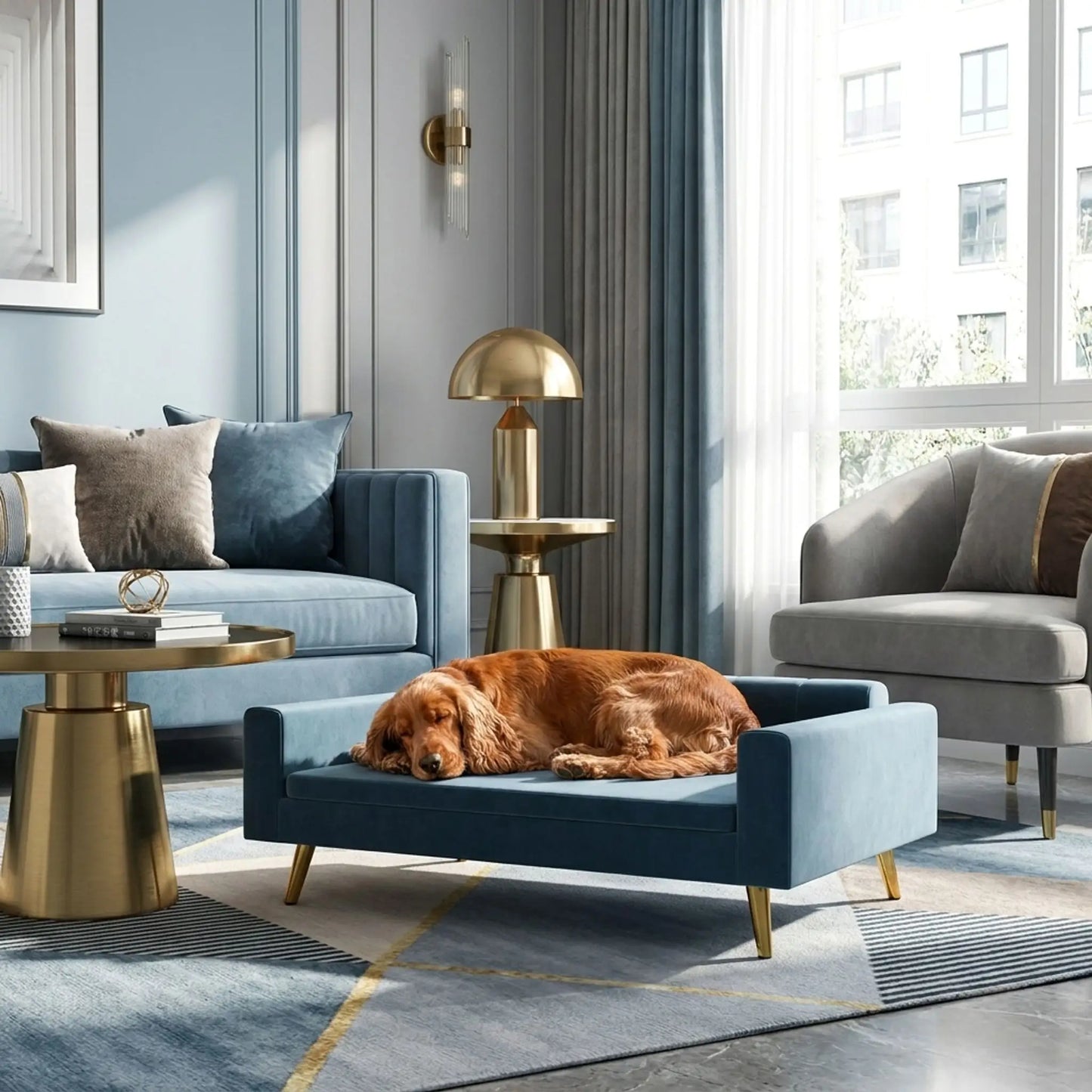 Petit-canapé-pour-chien-chiot-design scandinave chic en velours sur 4 pieds inoxydable de couleur doré avec patin antidérapants et anti rayures , dossier et accoudoirs rembourrés 100% coton haute densité et coussin amovible déhoussable et lavable en machine à laver pour chiot et chien de petite à moyenne taille de 0 à 15 kilos max- un chien moyen qui dort sur le canapé lit design au lignes épurées de couleur bleu surélevé sur 4 pieds en acier inxoydables de couleur doré dans le salon lifestyle 