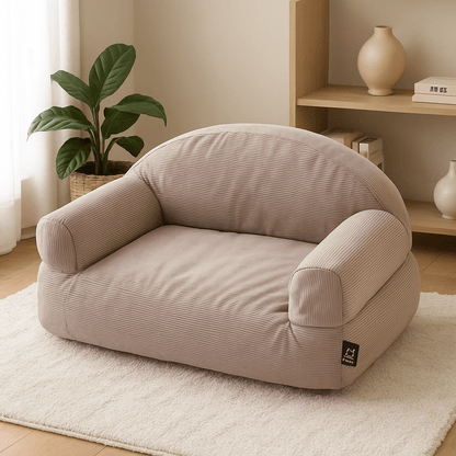 Petit-canapé-pour-chien-déhoussable et lavable en machine-100% coton haute densité ergonomique-housse résistante aux griffes-antidérapant-avec dossier et 2 accoudoirs-écoresponsable-matériau 100% naturel, hypoallergénique et respirant-pour petit chien et chiot jusqu'à 7 kg-dimensions 60x45 cm
