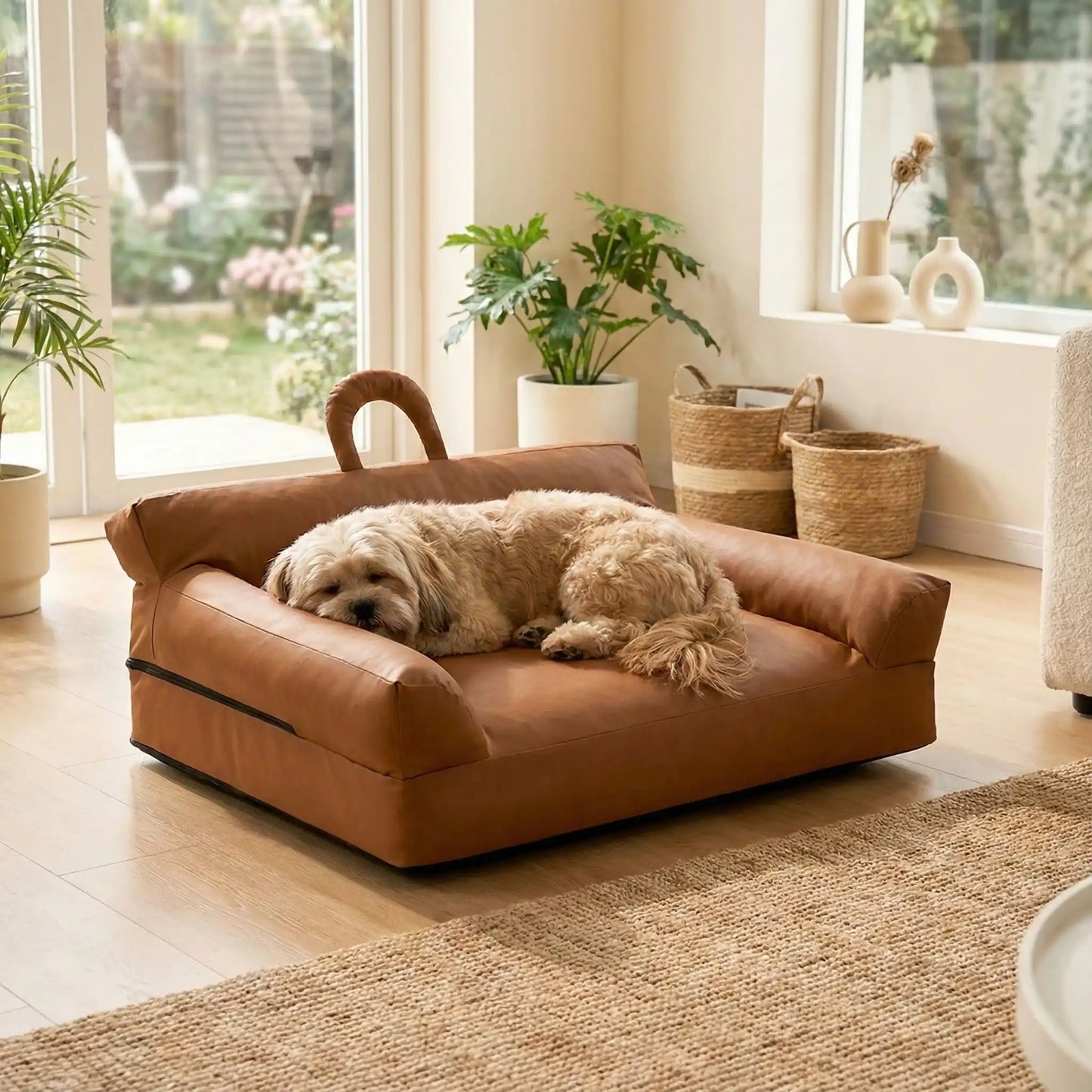 Petit-canapé-pour-chien-chiot-imperméable, déhoussable lavable en machine, en Cuir végan et rembourrage 100% coton haute densité et résilience, avec accoudoirs, dossier et assise ergonomique, avec poignée de transport, antidérapant et anti humidité, durable solide et résistant aux griffes pour chiot, petit chien et race naine de 0 à 10 kilos- un Lhassa Apso qui dort paisiblement blotti dans son mini canapé marron dans le salon de la maison