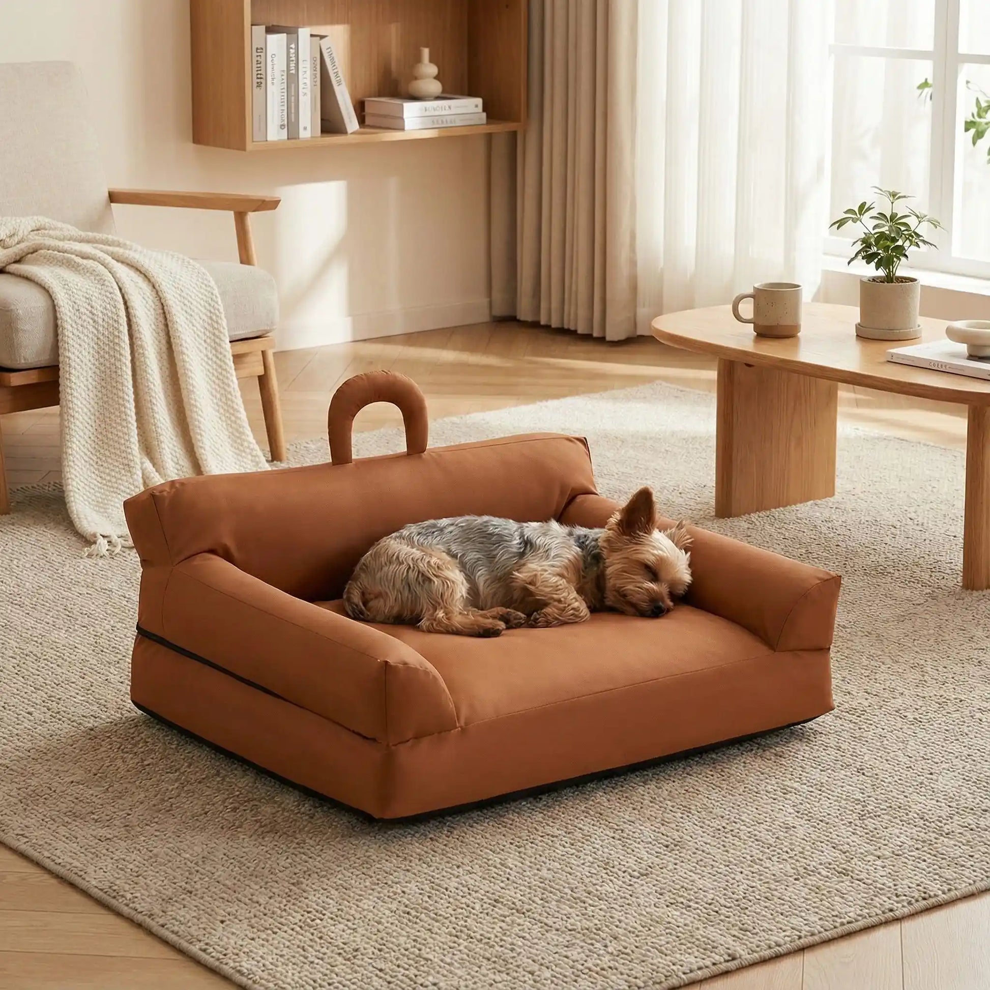 Petit-canapé-pour-chien-chiot-imperméable, déhoussable lavable en machine, en Cuir végan et rembourrage 100% coton haute densité et résilience, avec accoudoirs, dossier et assise ergonomique, avec poignée de transport, antidérapant et anti humidité, durable solide et résistant aux griffes pour chiot, petit chien et race naine de 0 à 10 kilos- un Yorkshire qui dort paisiblement blotti dans son mini canapé marron style vintage chic dans le salon de l'appartement
