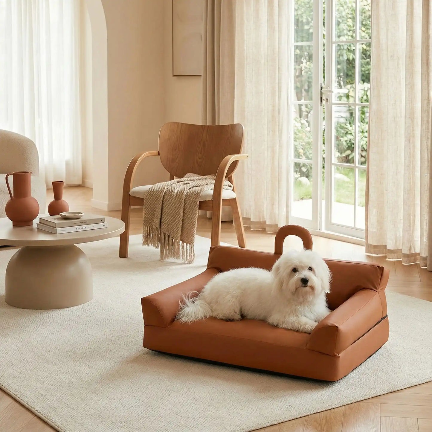 Petit-canapé-pour-chien-chiot-imperméable, déhoussable lavable en machine, en Cuir végan et rembourrage 100% coton haute densité et résilience, avec accoudoirs, dossier et assise ergonomique, avec poignée de transport, antidérapant et anti humidité, durable solide et résistant aux griffes pour chiot, petit chien et race naine de 0 à 10 kilos- un Coton de Tuléar couhé de tout son long confortablement blotti dans son mini canapé marron dans la chambre de la maison