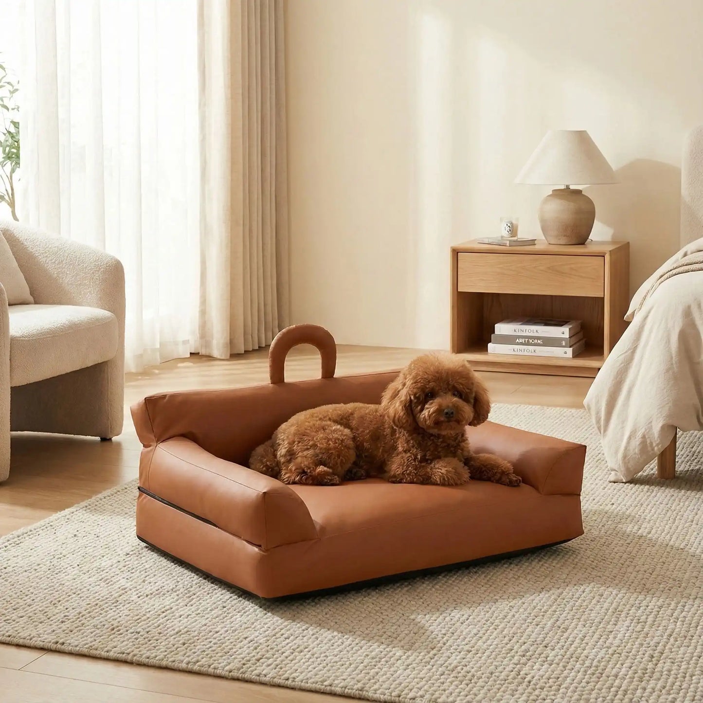 Petit-canapé-pour-chien-chiot-imperméable, déhoussable lavable en machine, en Cuir végan et rembourrage 100% coton haute densité et résilience, avec accoudoirs, dossier et assise ergonomique, avec poignée de transport, antidérapant et anti humidité, durable solide et résistant aux griffes pour chiot, petit chien et race naine de 0 à 10 kilos- un caniche nain couché sur  son mini canapé marron dans la chambre de la maison