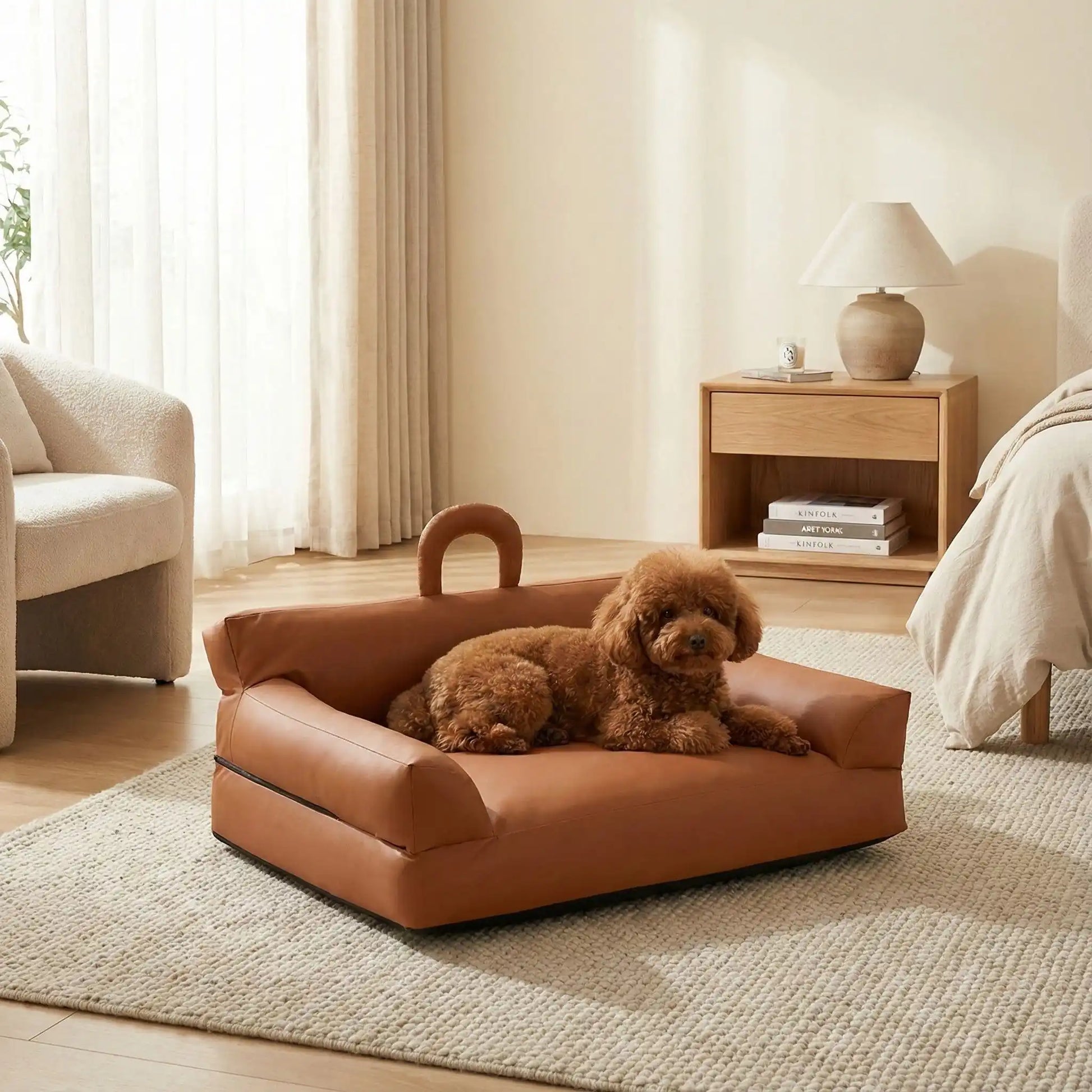 Petit-canapé-pour-chien-chiot-imperméable, déhoussable lavable en machine, en Cuir végan et rembourrage 100% coton haute densité et résilience, avec accoudoirs, dossier et assise ergonomique, avec poignée de transport, antidérapant et anti humidité, durable solide et résistant aux griffes pour chiot, petit chien et race naine de 0 à 10 kilos- un caniche nain couché sur  son mini canapé marron dans la chambre de la maison