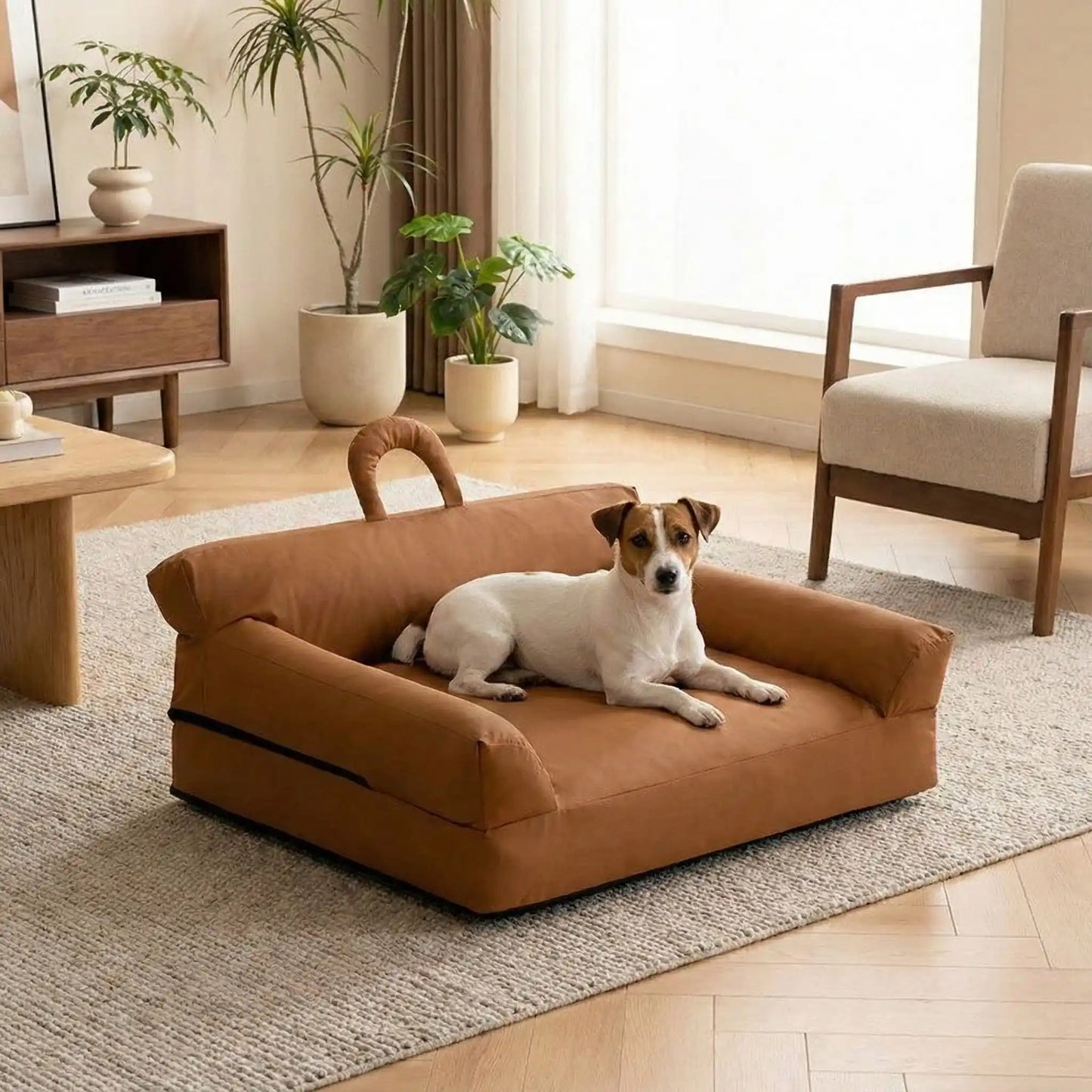 Petit-canapé-pour-chien-chiot-imperméable, déhoussable lavable en machine, en Cuir végan et rembourrage 100% coton haute densité et résilience, avec accoudoirs, dossier et assise ergonomique, avec poignée de transport, antidérapant et anti humidité, durable solide et résistant aux griffes pour chiot, petit chien et race naine de 0 à 10 kilos- un petit chien blanc et marron à poils courts couché confortablement sur son mini canapé marron dans le salon de l'appartement
