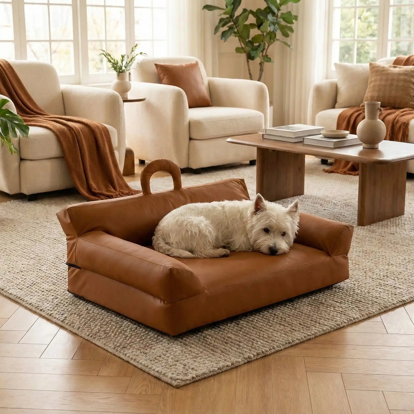 Petit-canapé-pour-chien-chiot-imperméable, déhoussable lavable en machine, en Cuir végan et rembourrage 100% coton haute densité et résilience, avec accoudoirs, dossier et assise ergonomique, avec poignée de transport, antidérapant et anti humidité, durable solide et résistant aux griffes pour chiot, petit chien et race naine de 0 à 10 kilos- un petit chien à poils longs qui se repose paisiblement blotti dans son mini canapé marron dans le salon de la maison