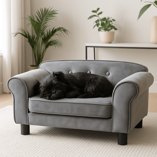 Petit-canape-pour-chien-robuste-un chien de taille naine qui dort paisiblement sur le canapé entourant et anti-anxiété avec son coussin intérieur en mousse haute densité déhoussable et lavable en machine avec 4 pieds-structure en bois de sapin massif et revêtement en tissu respirant et solide 