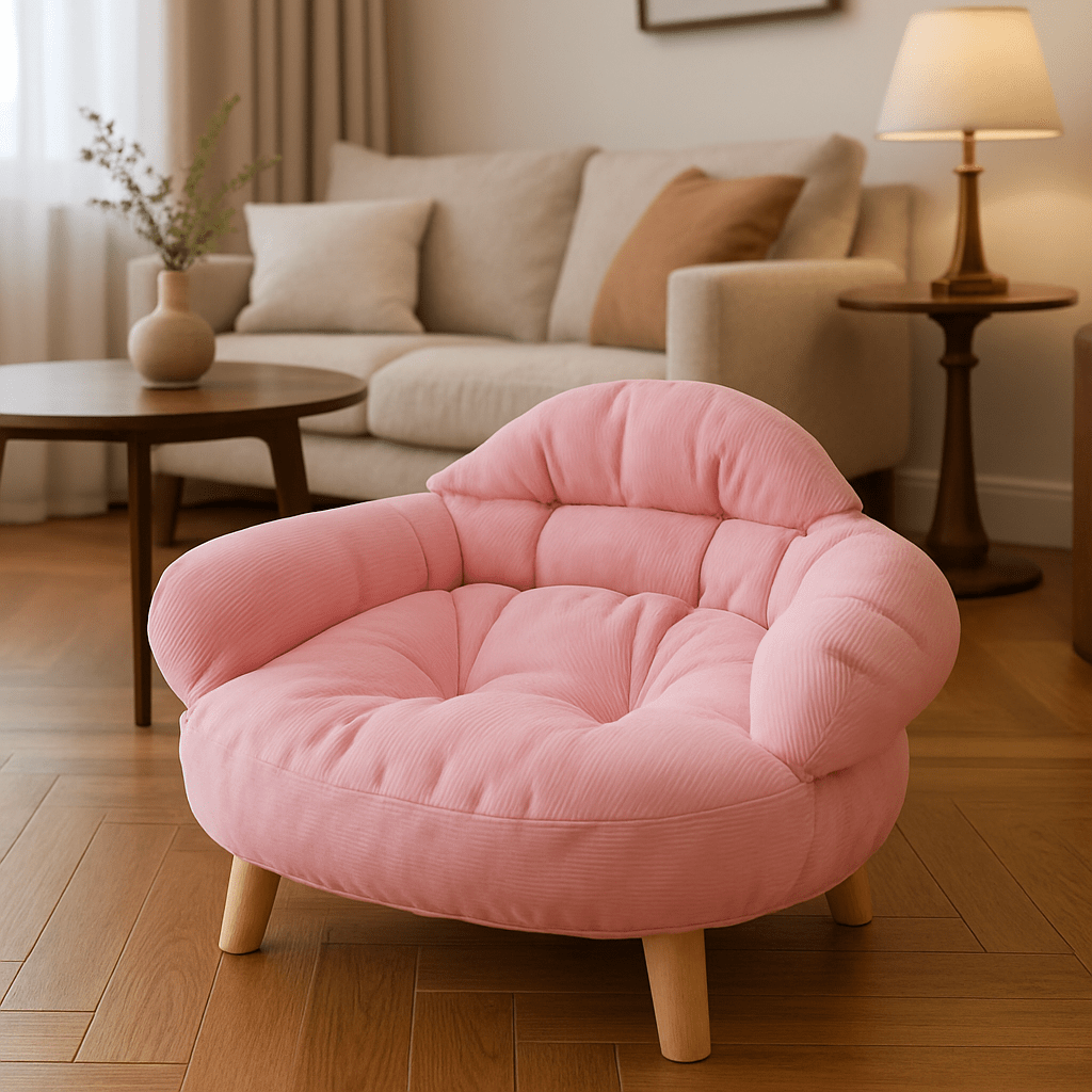 Petit-canapé-pour-chien-rose avec accoudoir, rembourrage 100% coton haute densité, support et pied antidérapant en bois naturel design pour chien de petite taille et chiot-lavable en machine