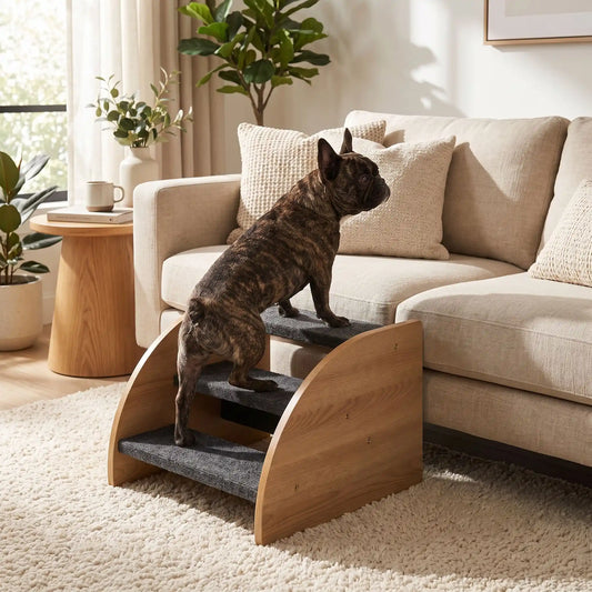 Petit-escalier-pour-chien et chiot design en bois-de chêne de 3 marches larges et sapcieuses en tissu antidérapant noir, structure robuste et stable pourun accès facile au canapé, lit, etc., pour chiot et chien de petite taille- un chien de petite taille qui monte en toute sécurité sur les 3 marches en bois avec tissu antidérapant pour rejoindre facilement le canapé du salon de l'appartement