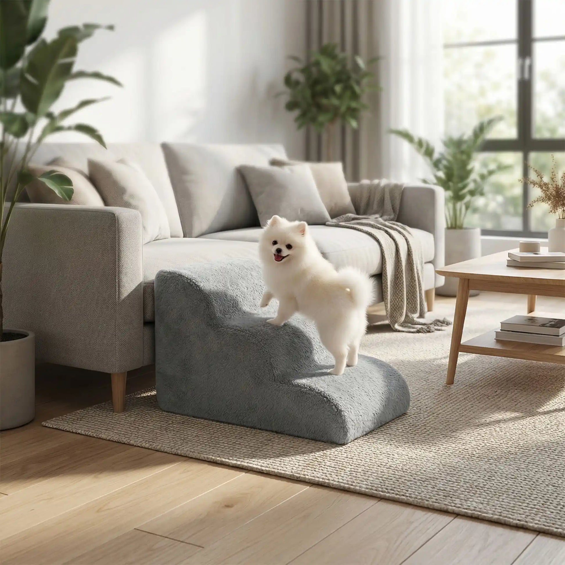 Petit-escalier-pour-chien-anti-deformationen mousse éponge haute résilience qui atténue la pressions sur  ses articulations, résistant et doux pour ses coussinets, déhoussable et lavable en machine de couleur gris pour chien de petite taille, polyvalent compact et transportable-un petit chien blanc qui monte sur l'escalier de 3 marches adaptées pour rejoindre le canapé du salon de l'appartement