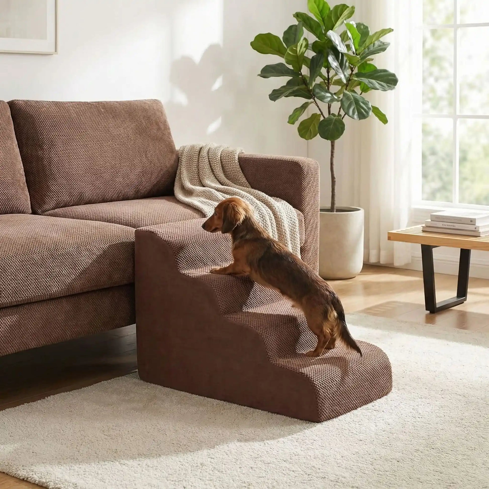 Petit-escalier-pour-chien-dehoussable-en-mousse haute résilience qui atténue la pressions sur  ses articulations, résistant et doux pour ses coussinets, déhoussable, imperméable et lavable en machine de couleur gris pour chien de petite taille, polyvalent compact et transportable-un chien de race à courtes pattes qui monte sur l'escalier pour rejoindre le canapé du salon de la maison en toute sécurité 