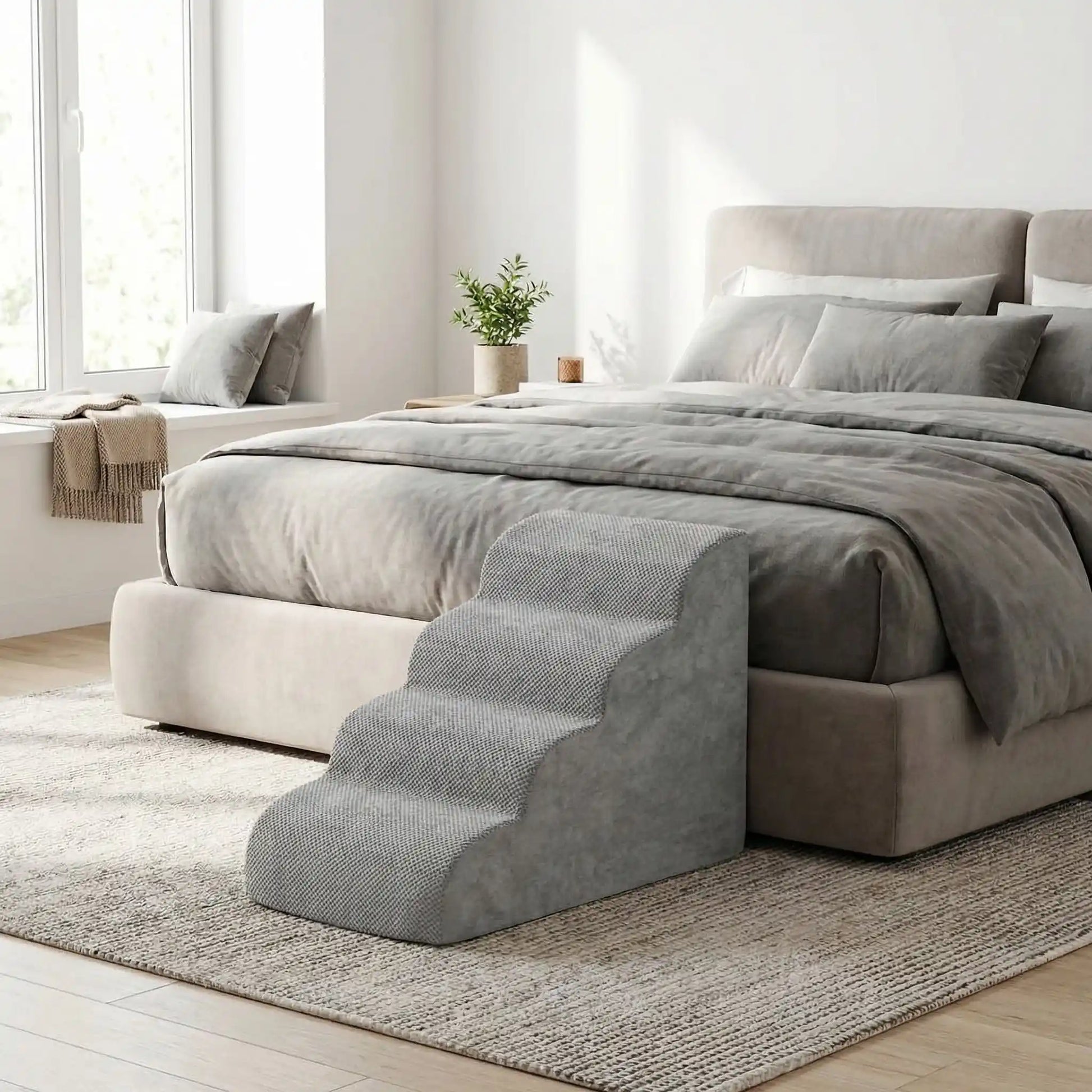 Petit-escalier-pour-chien-dehoussable-en-mousse haute résilience qui atténue la pressions sur  ses articulations, résistant et doux pour ses coussinets, déhoussable, imperméable et lavable en machine de couleur gris pour chien de petite taille, polyvalent compact et transportable-un escalier gris placé contre le lit du propriétaire du chien dans la chmabre de la maison