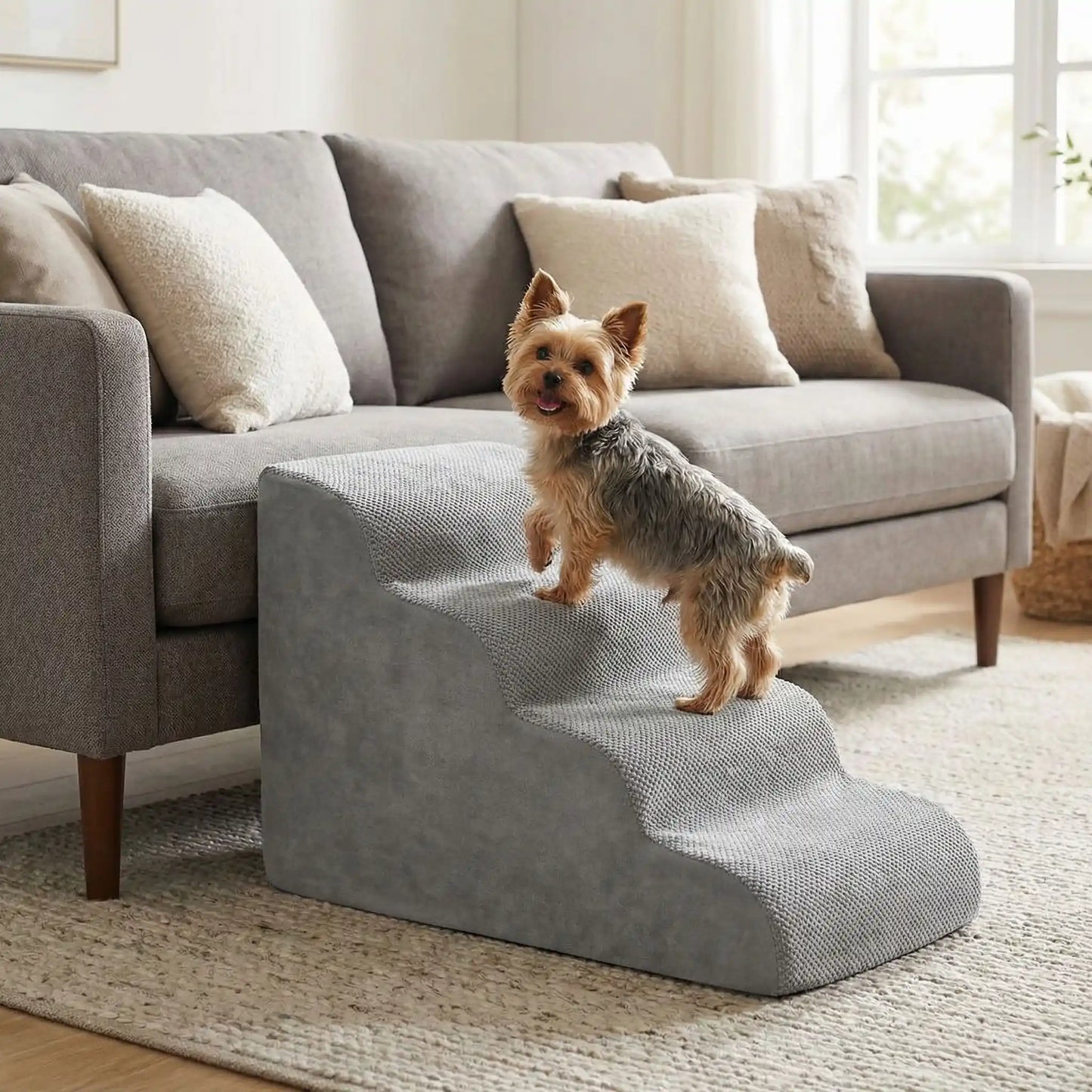 Petit-escalier-pour-chien-dehoussable-en-mousse haute résilience qui atténue la pressions sur  ses articulations, résistant et doux pour ses coussinets, déhoussable, imperméable et lavable en machine de couleur gris pour chien de petite taille, polyvalent compact et transportable-un petit chien qui monte sur l'escalier pour rejoindre le canapé du salon de l'appartement en toute sécurité 