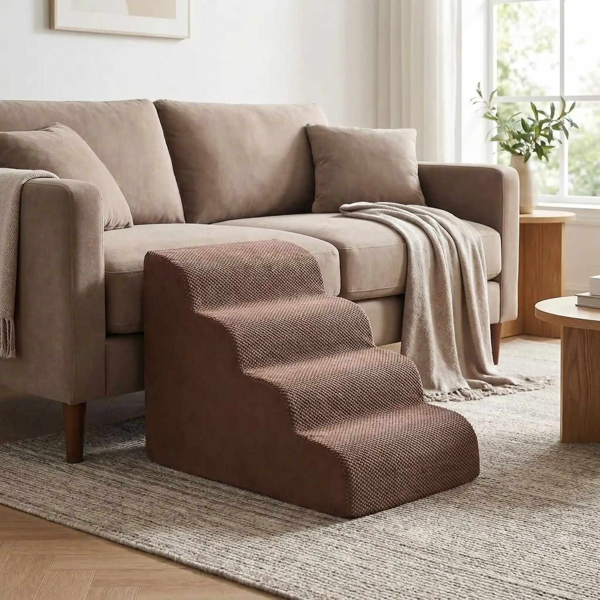 Petit-escalier-pour-chien-dehoussable-en-mousse haute résilience qui atténue la pressions sur  ses articulations, résistant et doux pour ses coussinets, déhoussable, imperméable et lavable en machine de couleur gris pour chien de petite taille, polyvalent compact et transportable-de couleur marron adossé au canapé du salon qui favorise l'autonomie en toute sécurité des chiens