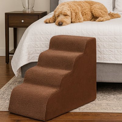 Petit-escalier-pour-chien-dehoussable-en-mousse haute résilience qui atténue la pressions sur  ses articulations, résistant et doux pour ses coussinets, déhoussable, imperméable et lavable en machine de couleur gris pour chien de petite taille, polyvalent compact et transportable-un chiot qui dort sur le lit après avoir utilisé l'escalier en toute sécurité
