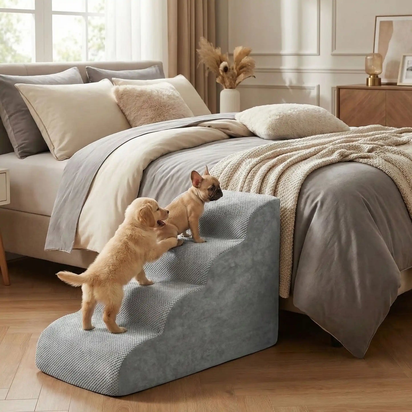 Petit-escalier-pour-chien-dehoussable-en-mousse haute résilience qui atténue la pressions sur  ses articulations, résistant et doux pour ses coussinets, déhoussable, imperméable et lavable en machine de couleur gris pour chien de petite taille, polyvalent compact et transportable-un chiot golden retriever et un chiot bouledogue frnaçais qui montent endemble sur l'escalier pour rejoindre le lit de leur maitre en toute sécurité 