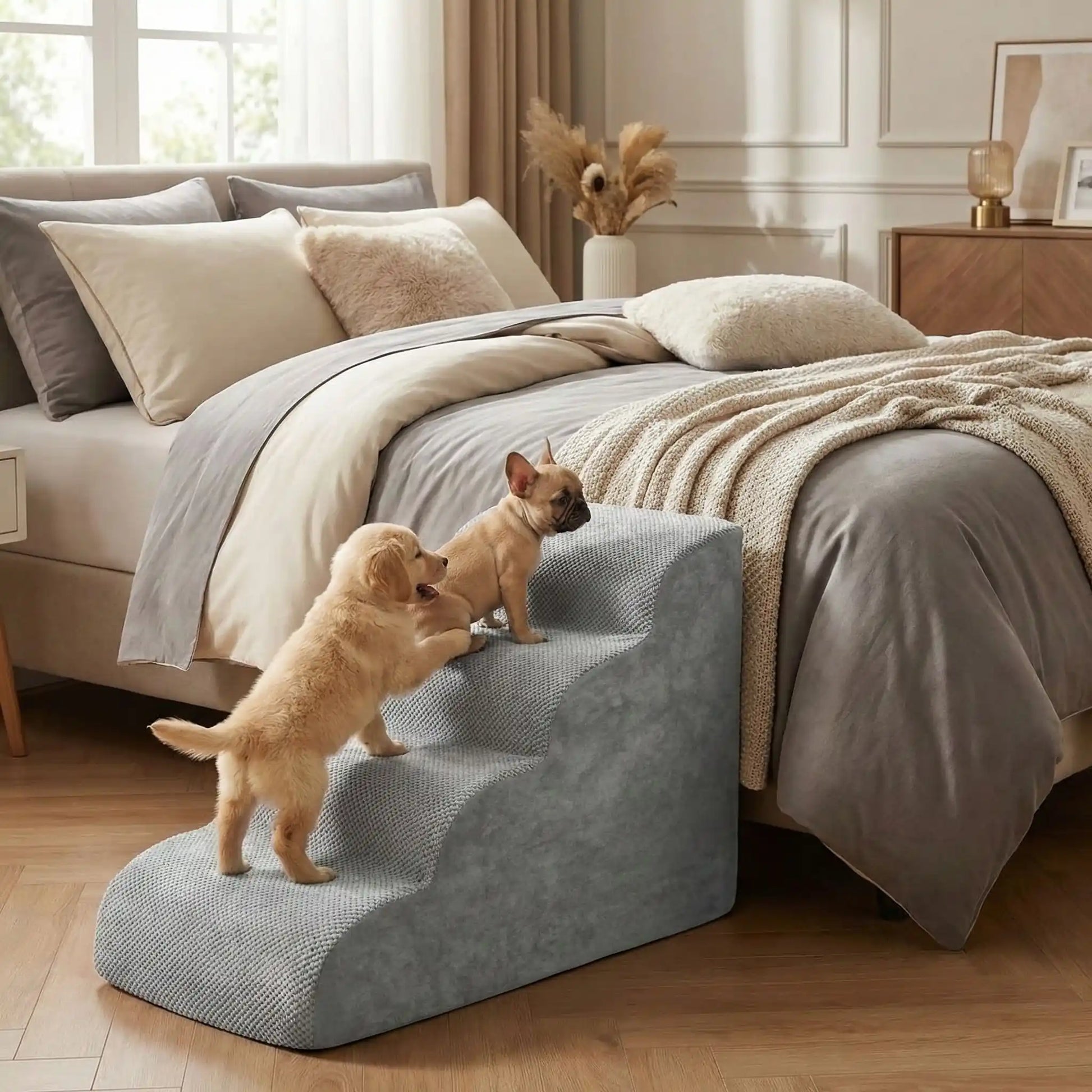 Petit-escalier-pour-chien-dehoussable-en-mousse haute résilience qui atténue la pressions sur  ses articulations, résistant et doux pour ses coussinets, déhoussable, imperméable et lavable en machine de couleur gris pour chien de petite taille, polyvalent compact et transportable-un chiot golden retriever et un chiot bouledogue frnaçais qui montent endemble sur l'escalier pour rejoindre le lit de leur maitre en toute sécurité 