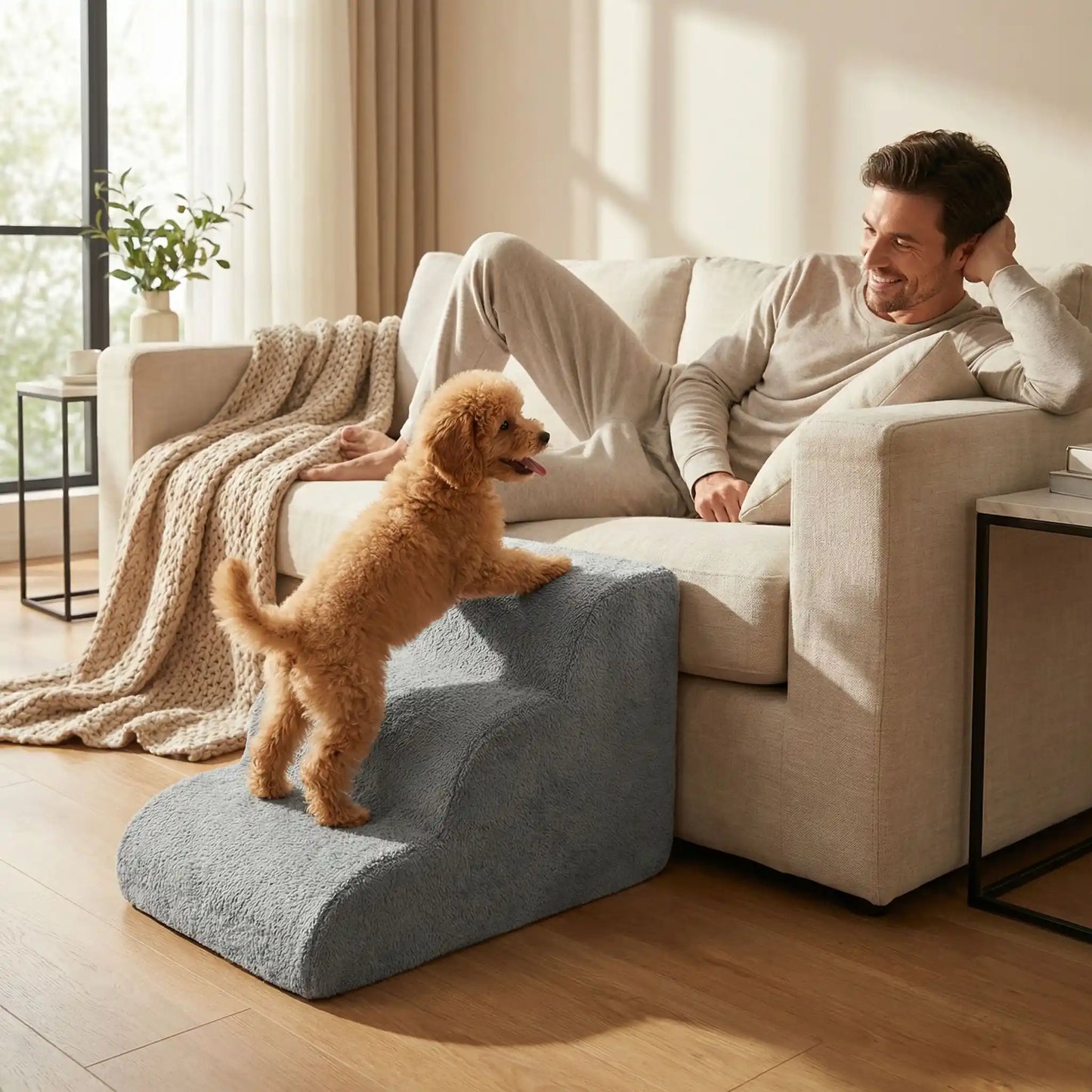 Petit-escalier-pour-chien-anti-deformationen mousse éponge haute résilience qui atténue la pressions sur  ses articulations, résistant et doux pour ses coussinets, déhoussable et lavable en machine de couleur gris pour chien de petite taille, polyvalent compact et transportable-un caniche qui monte sur l'escalier pour rejoindre son maitre qui le regarde en souriant allongé sur le canapé du salon de l'appartement