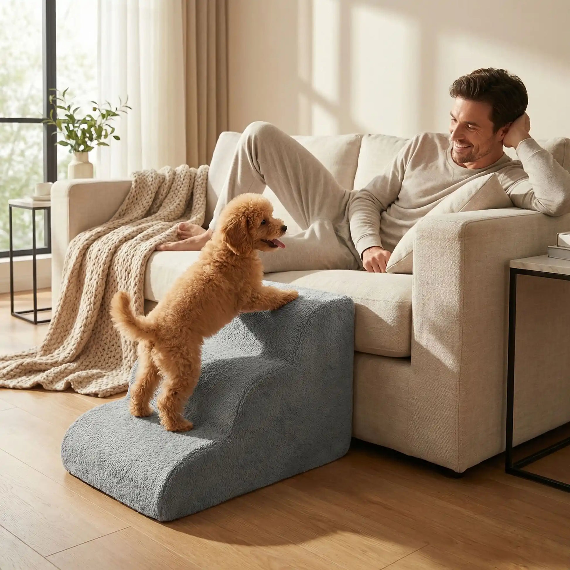 Petit-escalier-pour-chien-anti-deformationen mousse éponge haute résilience qui atténue la pressions sur  ses articulations, résistant et doux pour ses coussinets, déhoussable et lavable en machine de couleur gris pour chien de petite taille, polyvalent compact et transportable-un caniche qui monte sur l'escalier pour rejoindre son maitre qui le regarde en souriant allongé sur le canapé du salon de l'appartement