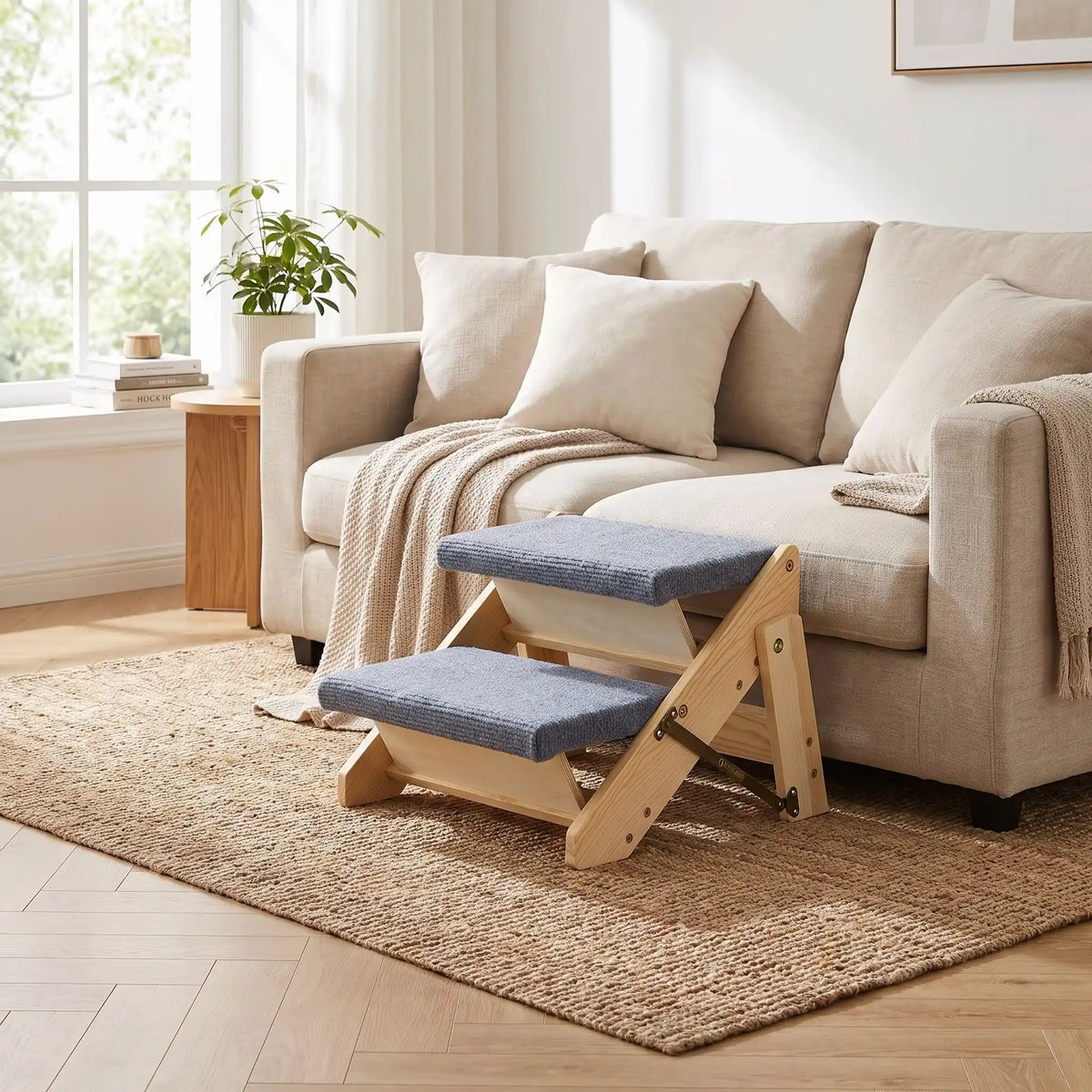 Petit-escalier-pour-chien-chiot pliable en bois de pin et tissu polyester doux et antidérapant résistant aux griffes-escabeau pour chien de 2 marches en bois naturel design our chiot et chien de petite à moyenne race, pliable, compact et léger de 2,7 kg facilement transportable-gros plan sur l'escalier pour chien en bois de pin et marches large avec espace pour pente douce de 2 marche avec tissu antidérapant en tissu gris, design chic d'escabeau pour chien ou chiot