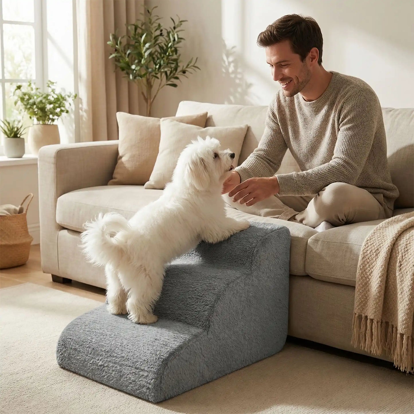 Petit-escalier-pour-chien-anti-deformationen mousse éponge haute résilience qui atténue la pressions sur  ses articulations, résistant et doux pour ses coussinets, déhoussable et lavable en machine de couleur gris pour chien de petite taille, polyvalent compact et transportable-un chien blanc à poils longs qui monte sur l'escalier pour rejoindre son maitre qui le regarde en souriant assis sur le canapé du salon de la maison