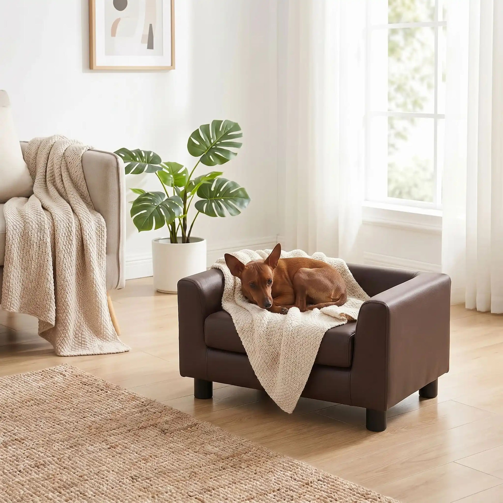 Petit-fauteuil-pour-chien-chiot-design en bois massif robuste  et cuir vegan sur 4 pieds avec coussin interieur épais rembourré 100% coton haute densité et ergonomique amovible déhoussable et lavable en machine, pied antidérapant et anti rayure pour chiot et chien de petite taille de 0 à 5 kilos-un Pinscher nain couché confortablement avec sa couverture dans le mini canapé design de couleur chocolat dans le salon lifestyle de la maison