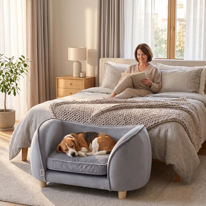 Petit-fauteuil-pour-chien-chiot-coussin intérieur épais au rembourrage 100% coton ergonomique, velours doux et résistant aux griffes, imperméable déhoussable et lavable en machine, de couleur gris, au design enveloppant en forme bateau structrure en bois massif avec 4 pieds à vissés en bois massif et robuste pour chiot et chien de petite taille à moyenne taille-un chien de moyenne taille qui dort paisiblement enveloppé dans son fauteuil avec son haut dossier au pied du lit de sa maitresse dans la chambre