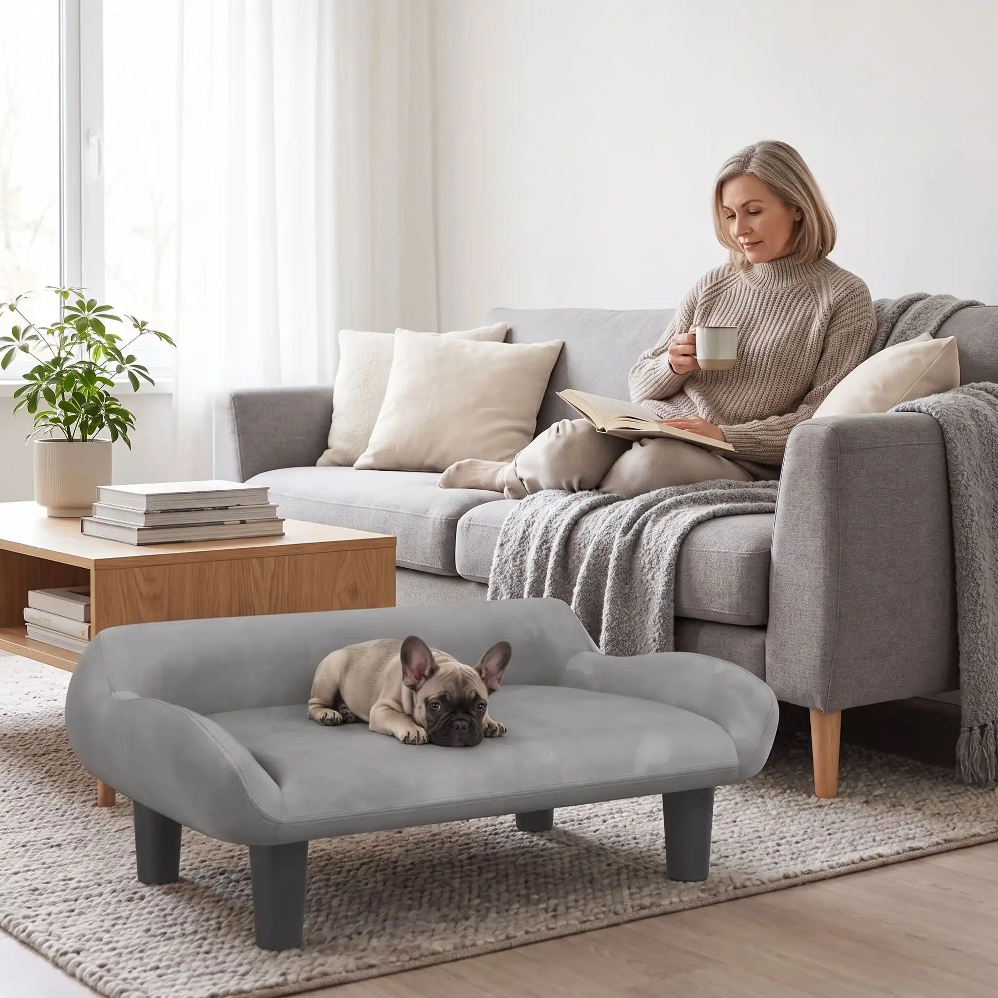 Petit-fauteuil-pour-chien-chiot-design de couleur gris, dossier et accoudoirs arrondis dans un style scandinave, velours résistant aux griffes,rembourrage 100% coton haute densité pour un confort optimal,structure en bois massif et surélevé avec 4 pieds en bois massif pour chiot et chien de 0 à 8 kilos-un chiot de race moyenne couché confortablement sur son canapé gris design sur pied en bois massif et rembourrage en éponge coton ergonomique au pied du canapé de sa maitresse qui boit son café dans le salon 