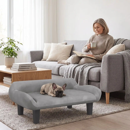 Petit-fauteuil-pour-chien-chiot-design de couleur gris, dossier et accoudoirs arrondis dans un style scandinave, velours résistant aux griffes,rembourrage 100% coton haute densité pour un confort optimal,structure en bois massif et surélevé avec 4 pieds en bois massif pour chiot et chien de 0 à 8 kilos-un chiot de race moyenne couché confortablement sur son canapé gris design sur pied en bois massif et rembourrage en éponge coton ergonomique au pied du canapé de sa maitresse qui boit son café dans le salon 