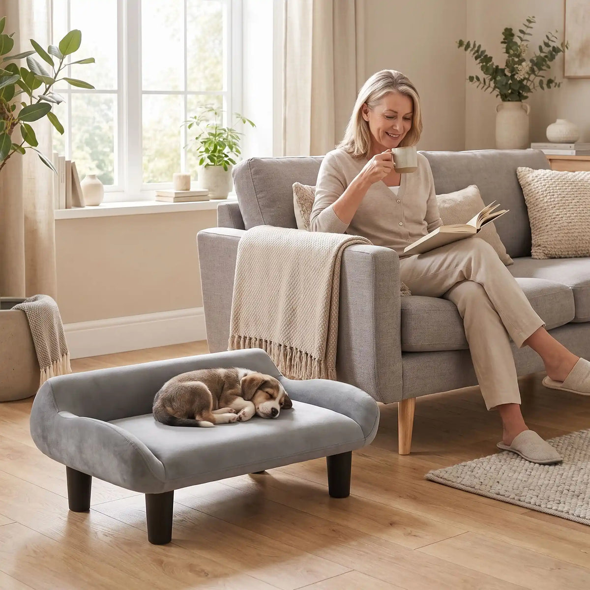 Petit-fauteuil-pour-chien-chiot-design de couleur gris, dossier et accoudoirs arrondis dans un style scandinave, velours résistant aux griffes,rembourrage 100% coton haute densité pour un confort optimal,structure en bois massif et surélevé avec 4 pieds en bois massif pour chiot et chien de 0 à 8 kilos-un chiot de race moyenne couché confortablement sur son canapé gris design sur pied en bois massif et rembourrage en éponge coton ergonomique au pied du canapé de sa maitresse qui boit son café dans le salon 
