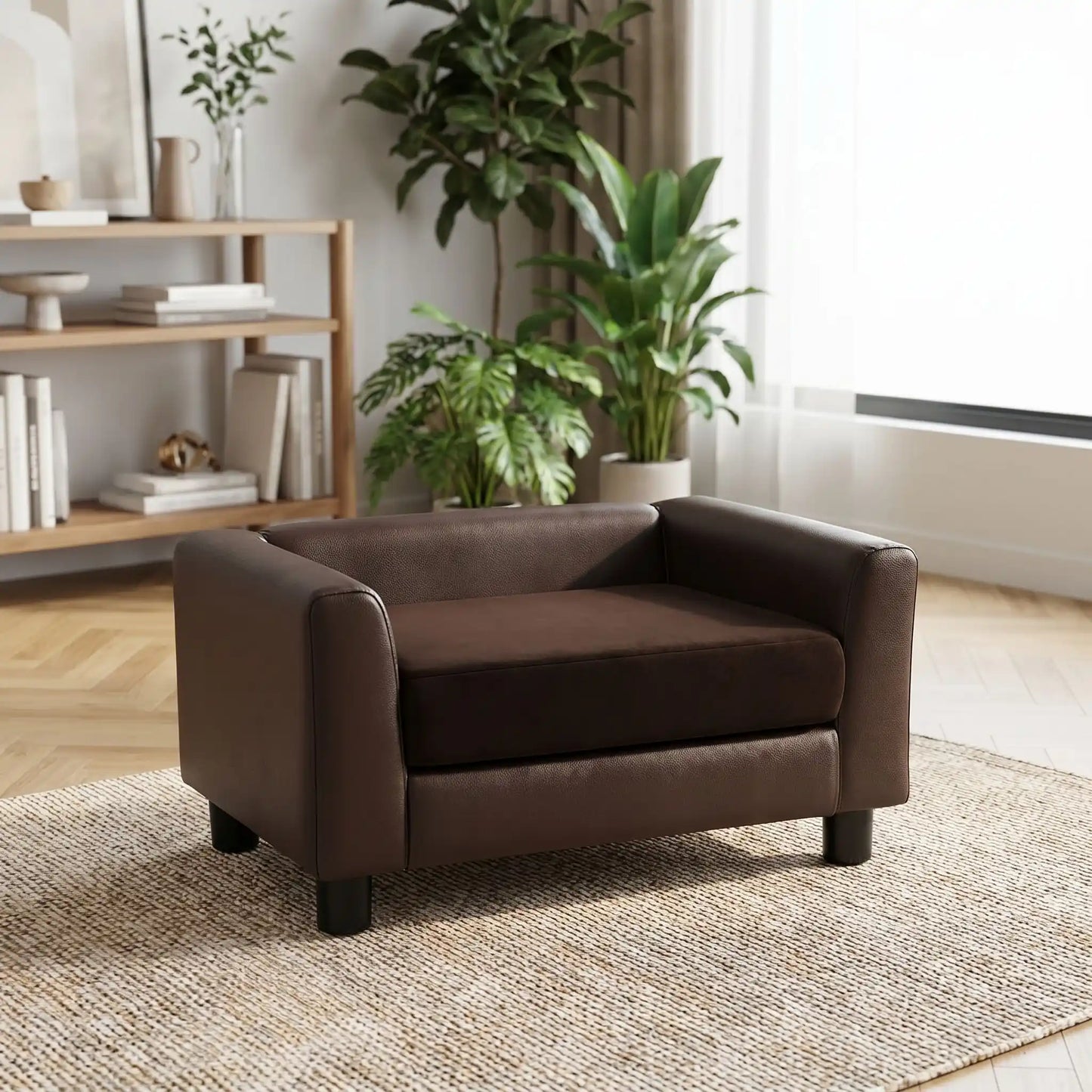 Petit-fauteuil-pour-chien-chiot-design en bois massif robuste  et cuir vegan sur 4 pieds avec coussin interieur épais rembourré 100% coton haute densité et ergonomique amovible déhoussable et lavable en machine, pied antidérapant et anti rayure pour chiot et chien de petite taille de 0 à 5 kilos-gros plan sur le canapé design pour petit chien de couleur marron en similicuir et coussin amovible rectangulaire épais et déhoussable, housse en peluche douce sur 4 piedes en bois dans un salon moderne et épuré 