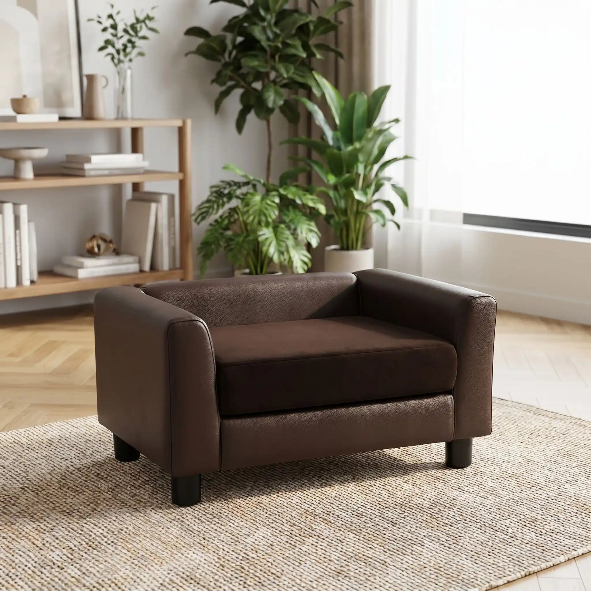 Petit-fauteuil-pour-chien-chiot-design en bois massif robuste  et cuir vegan sur 4 pieds avec coussin interieur épais rembourré 100% coton haute densité et ergonomique amovible déhoussable et lavable en machine, pied antidérapant et anti rayure pour chiot et chien de petite taille de 0 à 5 kilos-gros plan sur le canapé design pour petit chien de couleur marron en similicuir et coussin amovible rectangulaire épais et déhoussable, housse en peluche douce sur 4 piedes en bois dans un salon moderne et épuré 