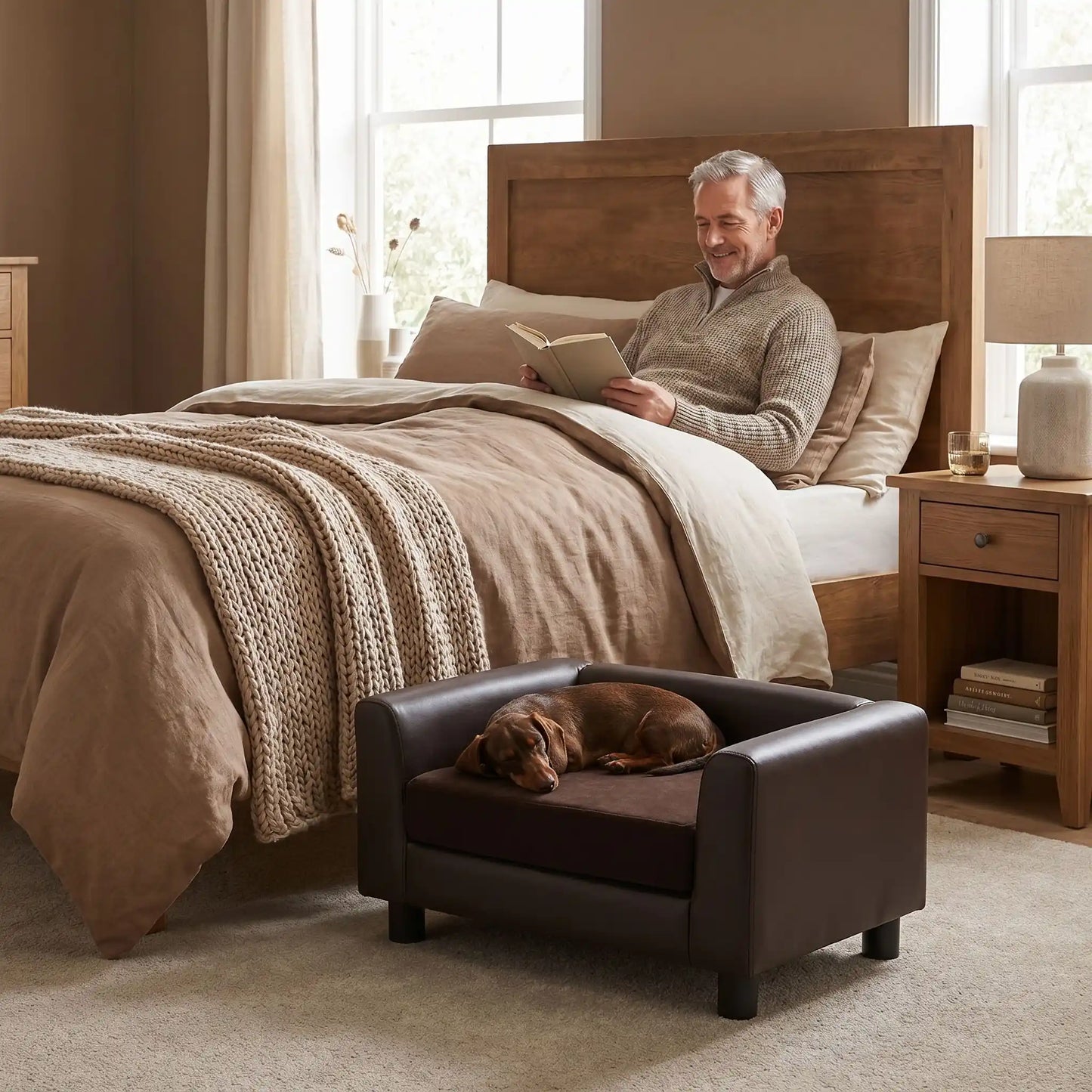 Petit-fauteuil-pour-chien-chiot-design en bois massif robuste  et cuir vegan sur 4 pieds avec coussin interieur épais rembourré 100% coton haute densité et ergonomique amovible déhoussable et lavable en machine, pied antidérapant et anti rayure pour chiot et chien de petite taille de 0 à 5 kilos-un chien de race miniature qui dort paisiblement sur le mini canapé design de couleur marron à côté du lit de son maitre qui lit son mivre allongé dans la chambre lifestyle de l'appartement