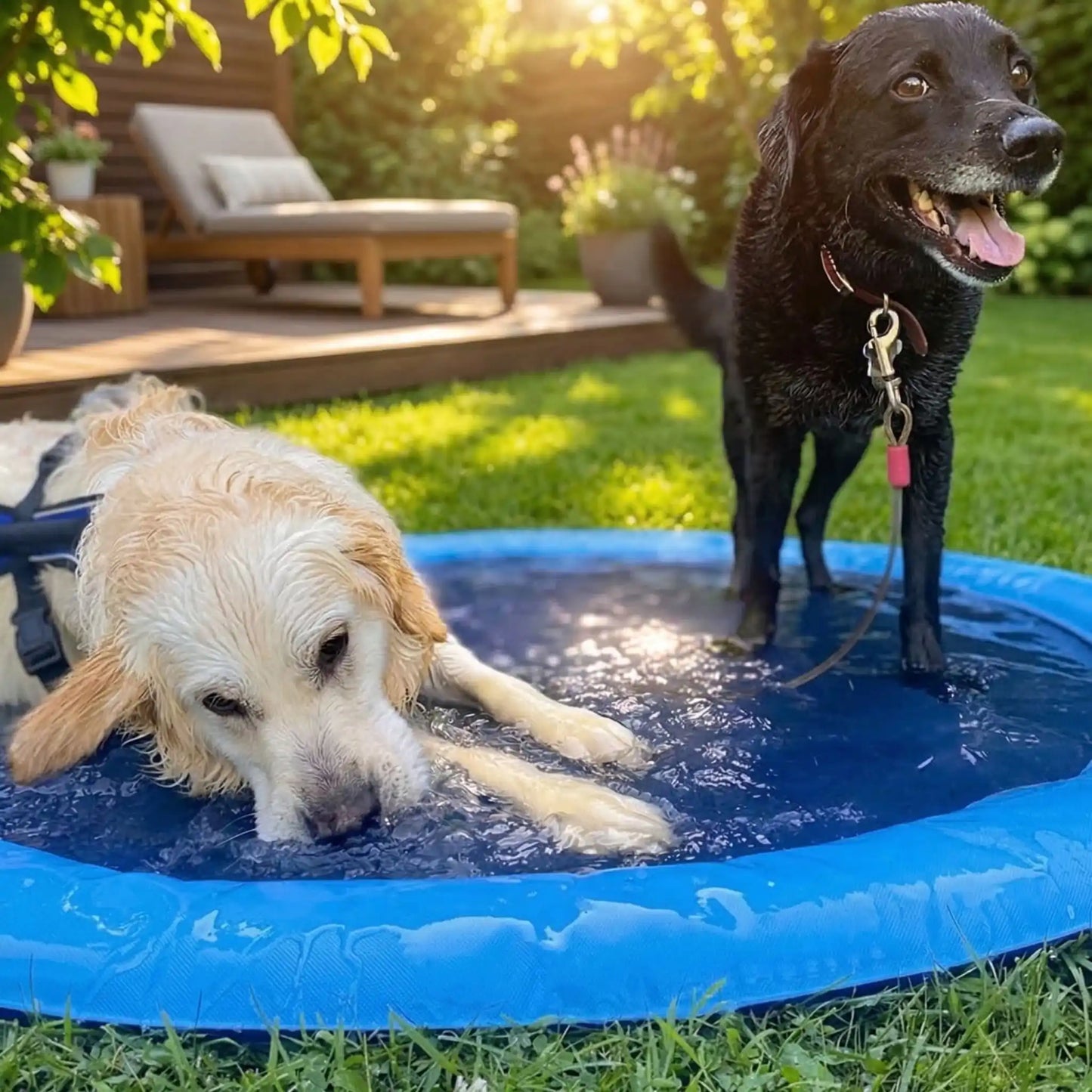 piscine-pour-chien-tapis-d-eau avec jet-installation instantané sans gonflage avec entrée pour le tuyau d'arrosage, fond antidérapant et résistant aux griffes-pliable et légère idéal pour les périodes estivales de grosse chaleur-un golden retriever qui se roule dans le tapis d'eau remplie d'eau et un labrador noir tout heureux qui trmepe ses pattes dans la pisine plate comme un tapis d'eau avec les jet en arrêt dans le jardin de la maison en été