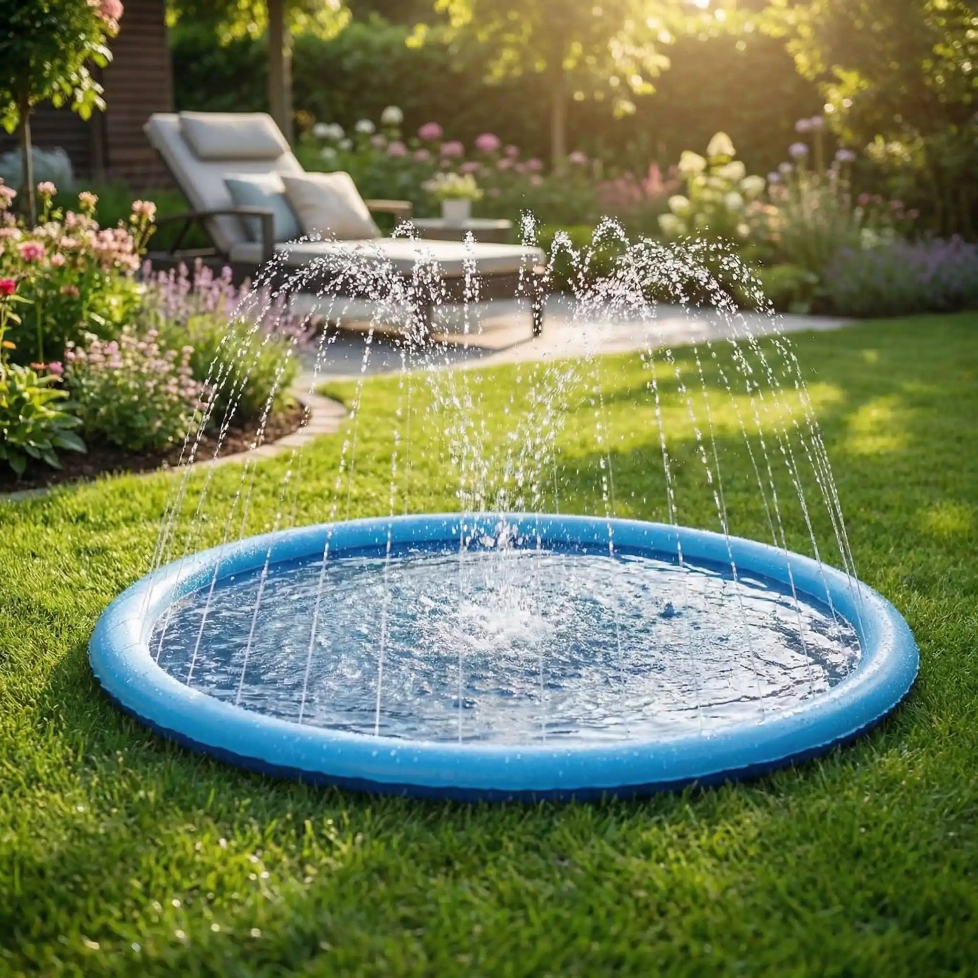 piscine-pour-chien-tapis-d-eau avec jet-installation instantané sans gonflage avec entrée pour le tuyau d'arrosage, fond antidérapant et résistant aux griffes-pliable et légère idéal pour les périodes estivales de grosse chaleur-photo en gros plan de la piscine plate comme un tapis d'eau avec petit jet dans le jardin de la maison en été