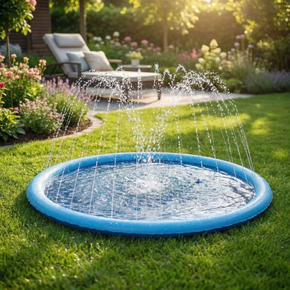 piscine-pour-chien-tapis-d-eau avec jet-installation instantané sans gonflage avec entrée pour le tuyau d'arrosage, fond antidérapant et résistant aux griffes-pliable et légère idéal pour les périodes estivales de grosse chaleur-photo en gros plan de la piscine plate comme un tapis d'eau avec petit jet dans le jardin de la maison en été