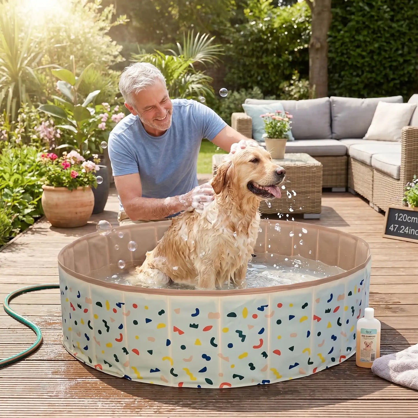 Piscine-pour-chien-rigide enpanneaux MDF robuste anti-affaissement, pliable et lavable de diamètre 120 cm et de 30 cm de hauteur étudié pour une entrée et sortie facile et sécurisé pour le chien avec bouchon de vidange pratique et rapide, polyvalente piscine à balle, bassin, baignoire pour toilettage-un grand chien qui se fait toiletter par son maitre dans la piscine robuste sur la terrasse de la maison en été