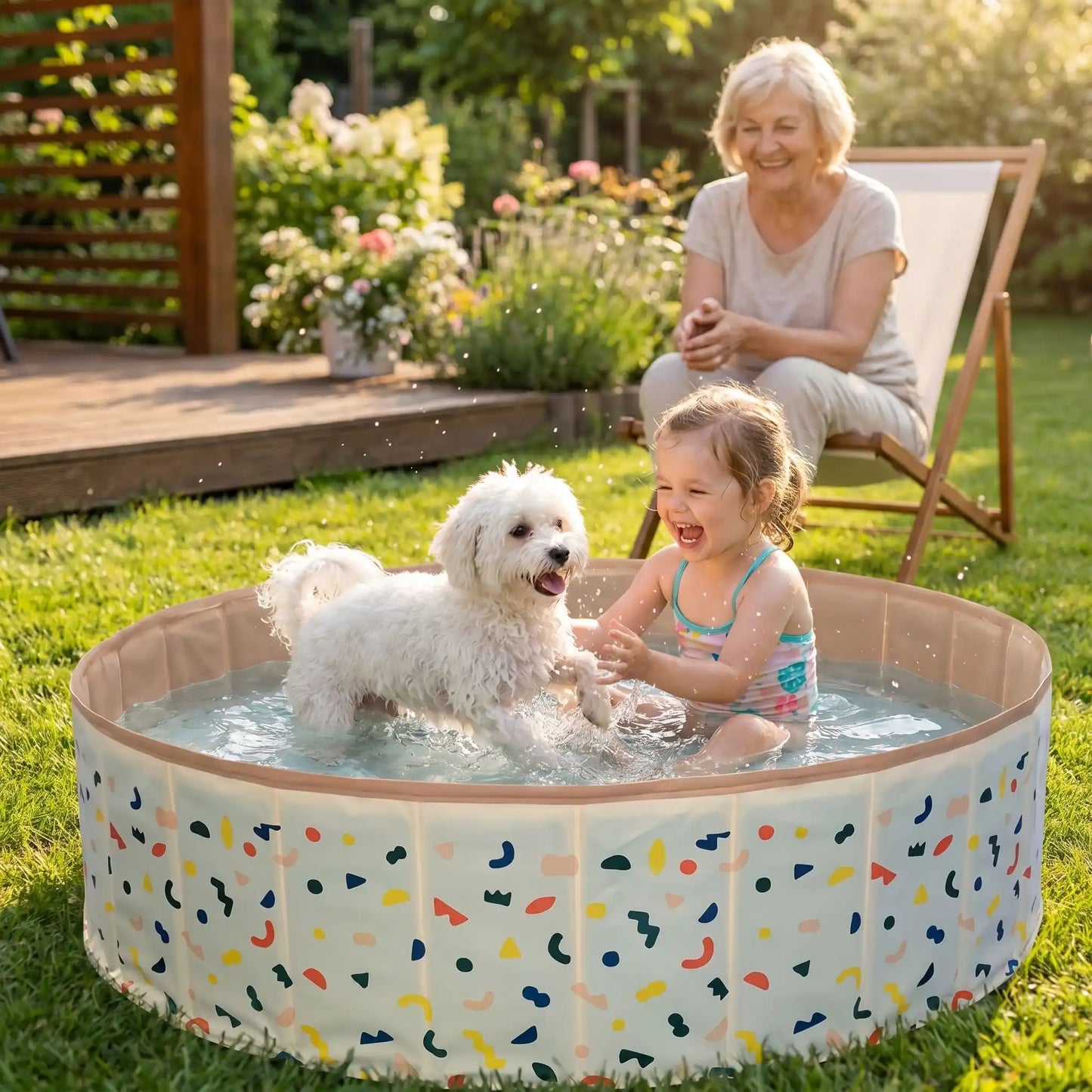 Piscine-pour-chien-rigide en panneaux MDF robuste anti-affaissement, pliable et lavable de diamètre 120 cm et de 30 cm de hauteur étudié pour une entrée et sortie facile et sécurisé pour le chien avec bouchon de vidange pratique et rapide, polyvalente piscine à balle, bassin, baignoire pour toilettage-une petite fille assise dans la piscine qui jouent avec le petit chien qui se baigne avec bonheur sous le regard souriant de sa maitresse dans le jardin de la maison en été