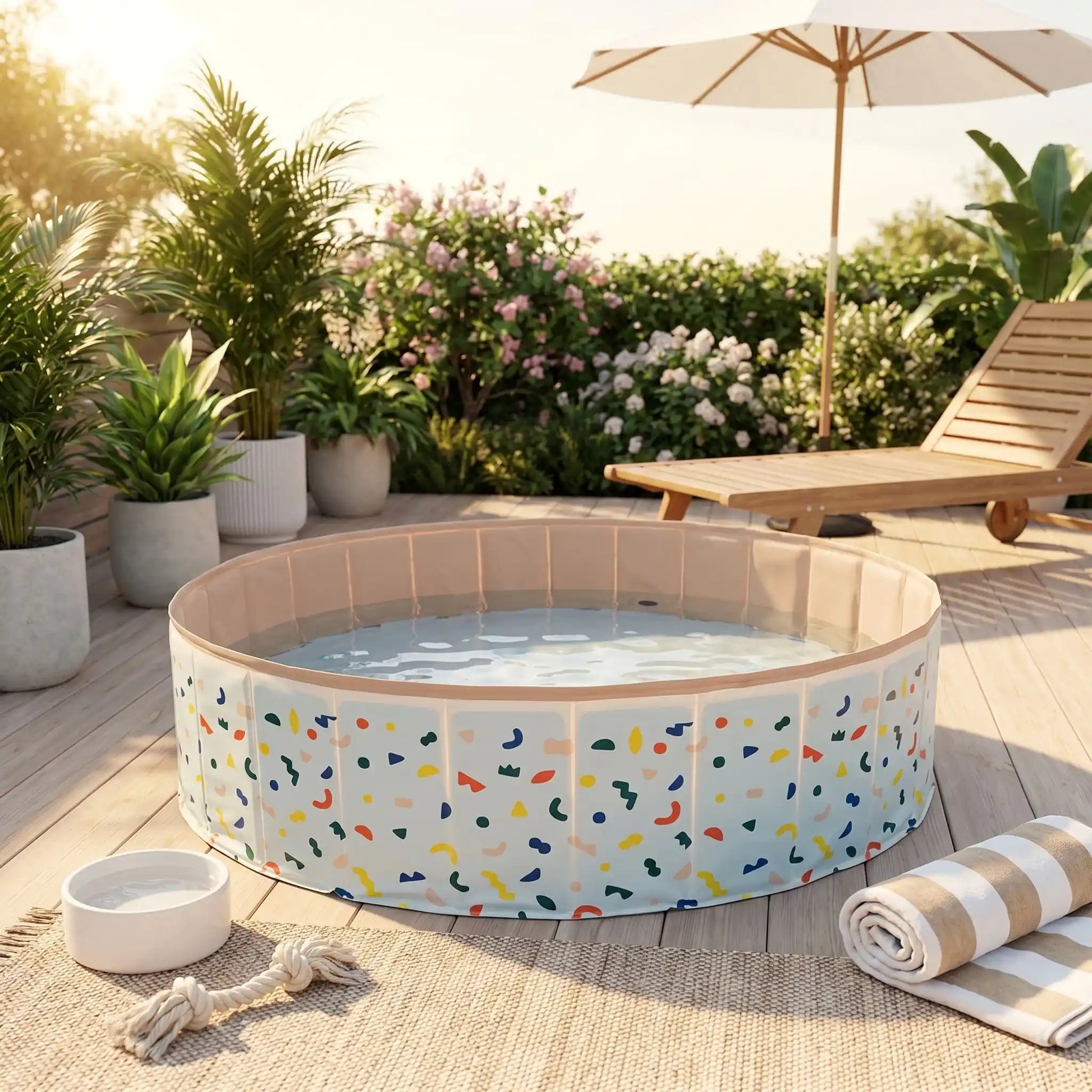Piscine-pour-chien-rigide enpanneaux MDF robuste anti-affaissement, pliable et lavable de diamètre 120 cm et de 30 cm de hauteur étudié pour une entrée et sortie facile et sécurisé pour le chien avec bouchon de vidange pratique et rapide, polyvalente piscine à balle, bassin, baignoire pour toilettage-gros plan de la piscine rigide pour chien et solide en 2 tailles 80 cm ou 120 cm de diamètre, pliable , compacte et transportable sur la terrasse de la piscine de la maison en été