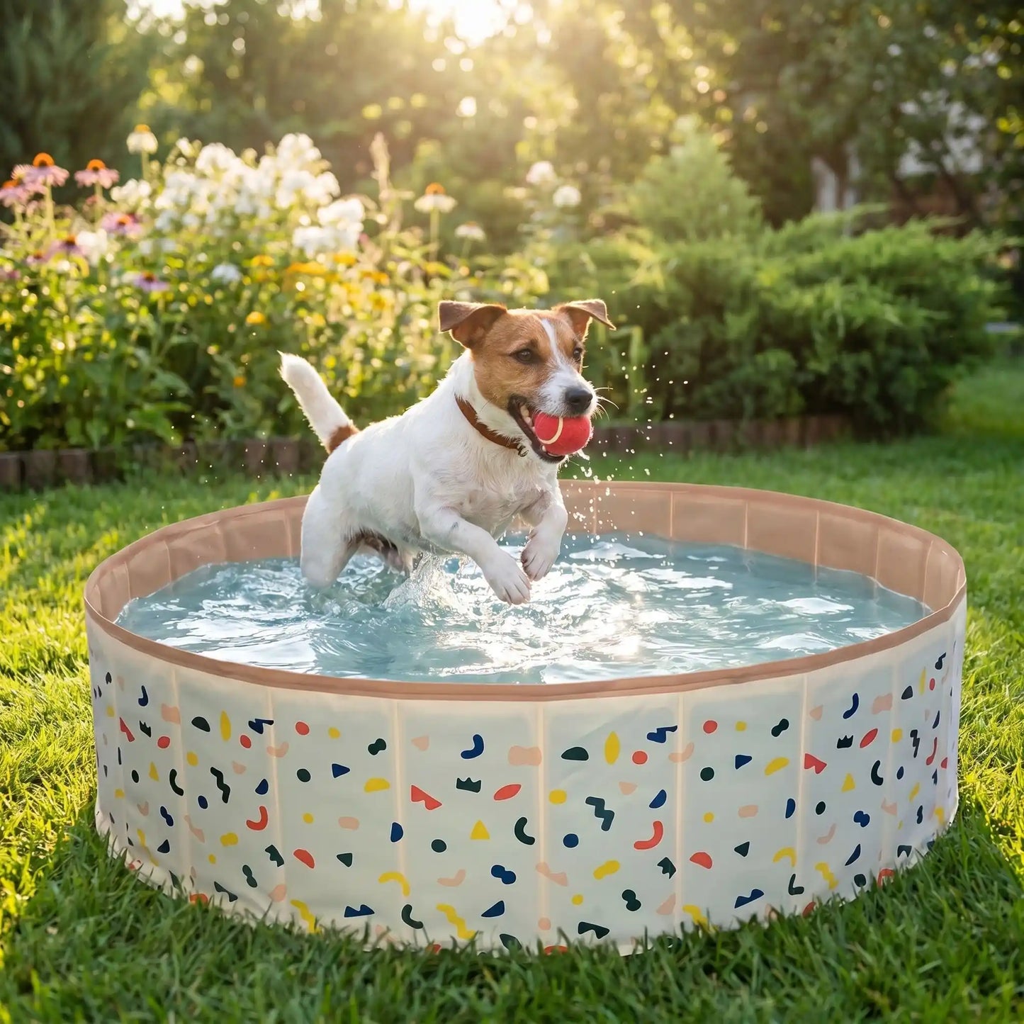 Piscine-pour-chien-rigide enpanneaux MDF robuste anti-affaissement, pliable et lavable de diamètre 120 cm et de 30 cm de hauteur étudié pour une entrée et sortie facile et sécurisé pour le chien avec bouchon de vidange pratique et rapide, polyvalente piscine à balle, bassin, baignoire pour toilettage-un petit chien très énergique qui court et saute dans la piscine avec sa balle de tennis dans le jardin de la maison en été