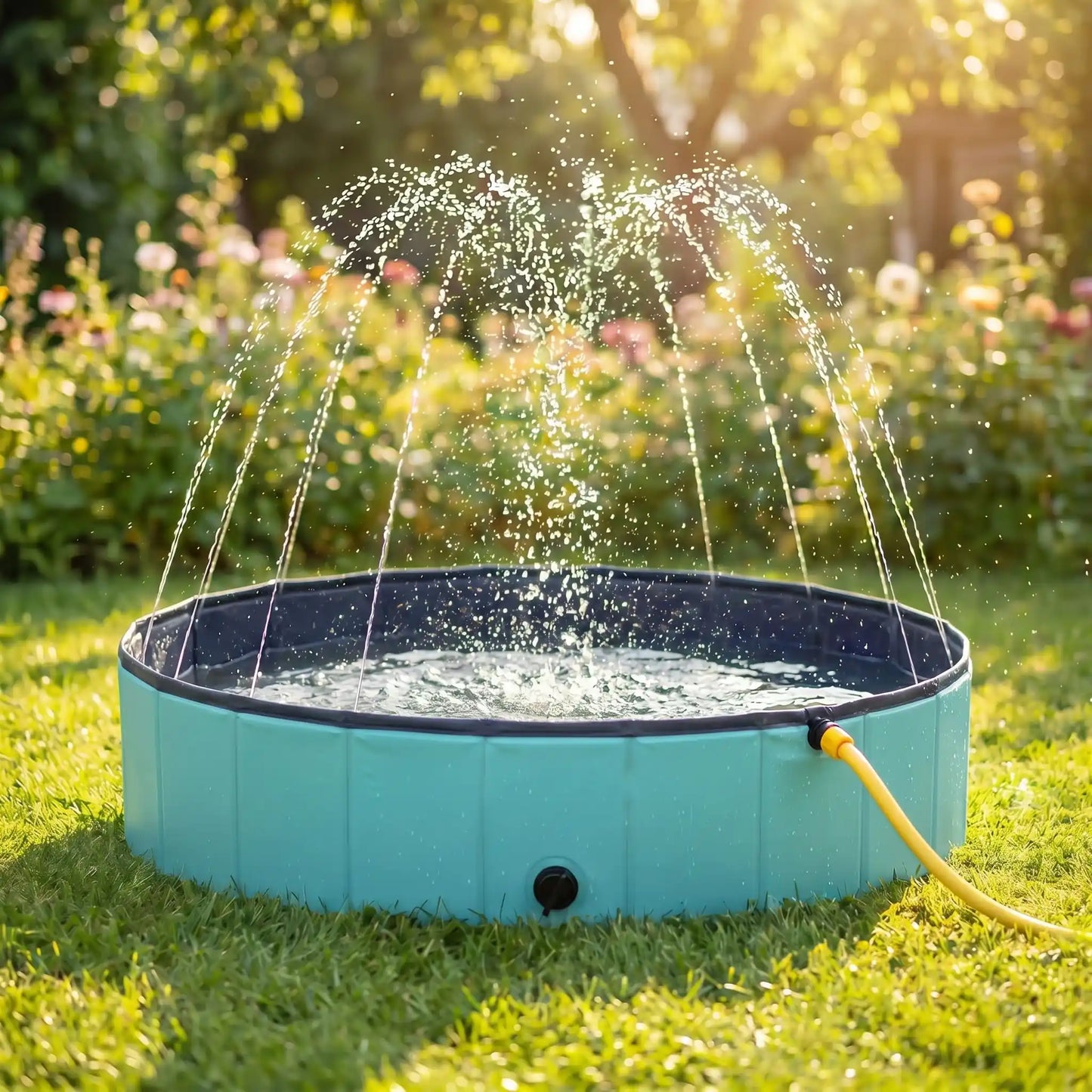Piscine-pour-chien-xxl-chiot-avec- raccord universel au tuyau d'arrosage pour jets d'eau,rigide-vidange rapide et facile,pliable, transportable en panneaux de fibres rigides et naturels avec PVC ultra-résistant avec couche intérieure renforcée pour chien de grande race, fond antidérapant et résistant aux griffes-gros plan sur la grande piscine pour chien rigide raccordée avec le tuyau d'arrosage sur le haut pour activer les multiples jets d'eau tout le tour de la piscine ronde du jardin de la maison en été