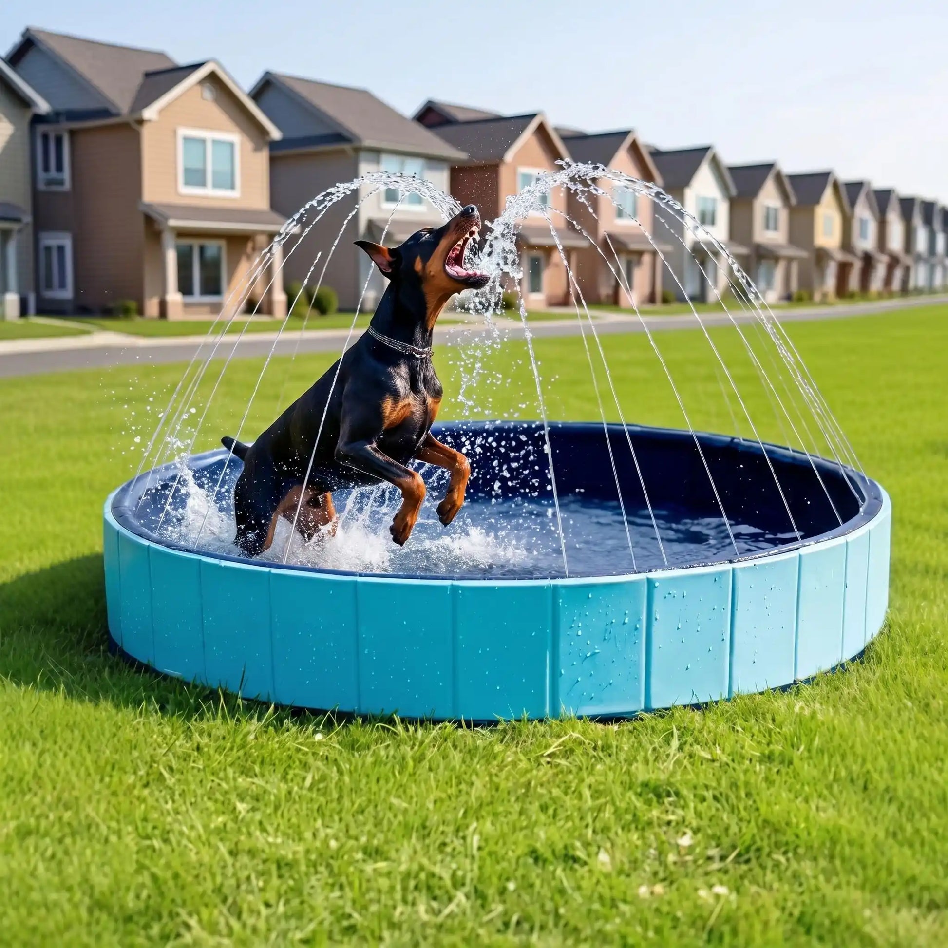 Piscine-pour-chien-xxl-chiot-avec- raccord universel au tuyau d'arrosage pour jets d'eau,rigide-vidange rapide et facile,pliable, transportable en panneaux de fibres rigides et naturels avec PVC ultra-résistant avec couche intérieure renforcée pour chien de grande race, fond antidérapant et résistant aux griffes-un dobermann qui se baigne et saute pour attraper avec sa machoires les jet dans la grande piscine pour chien rigide dans le jardin de la location de vacances