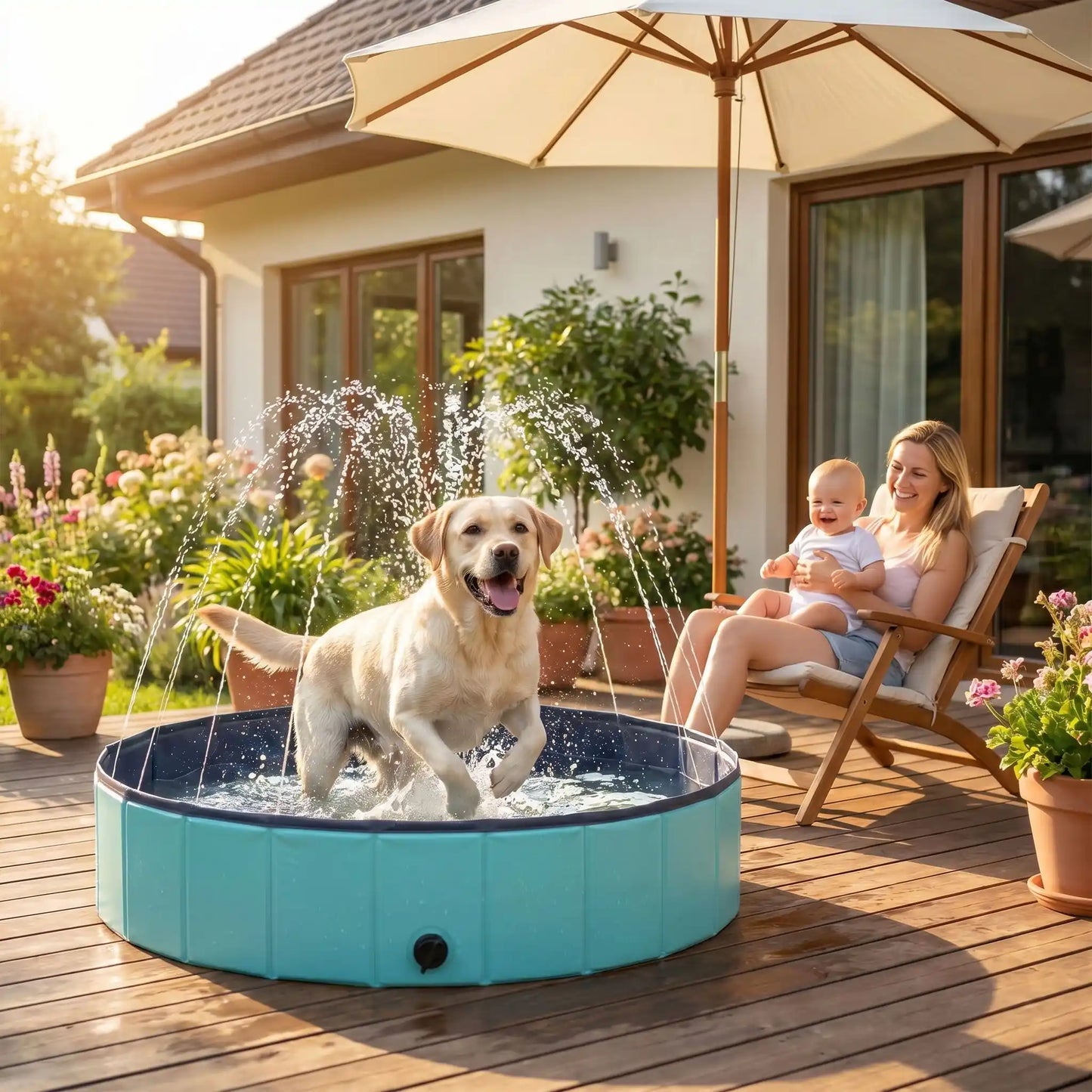 Piscine-pour-chien-xxl-chiot-avec- raccord universel au tuyau d'arrosage pour jets d'eau,rigide-vidange rapide et facile,pliable, transportable en panneaux de fibres rigides et naturels avec PVC ultra-résistant avec couche intérieure renforcée pour chien de grande race, fond antidérapant et résistant aux griffes-un grand chien qui se baigne dans la grande piscine pour chien rigide avec les multiples jets d'eau  activés sous le regard amusé de sa maitresse assise avec son bébé sous le parasol de la terrasse 